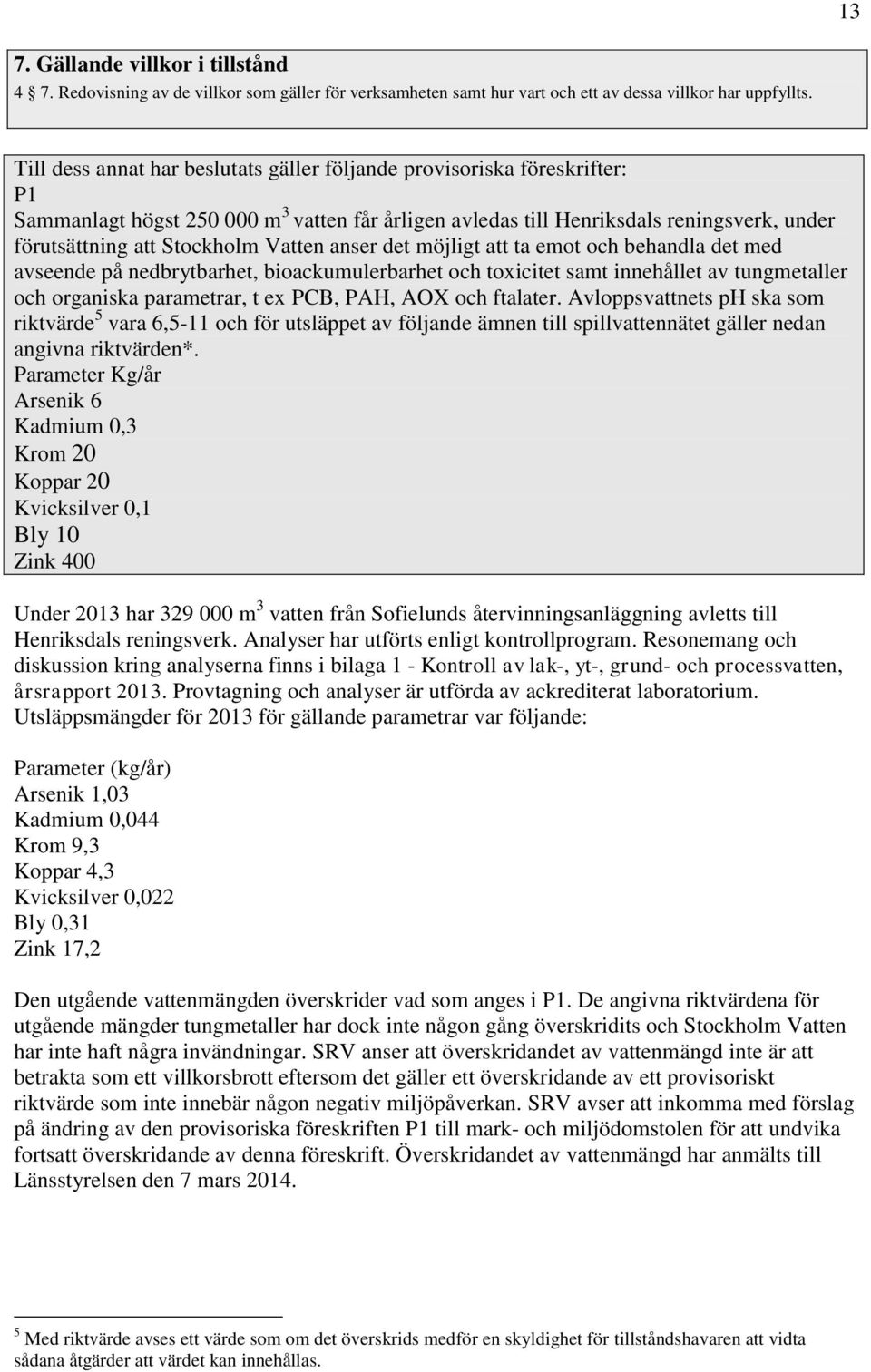 Vatten anser det möjligt att ta emot och behandla det med avseende på nedbrytbarhet, bioackumulerbarhet och toxicitet samt innehållet av tungmetaller och organiska parametrar, t ex PCB, PAH, AOX och