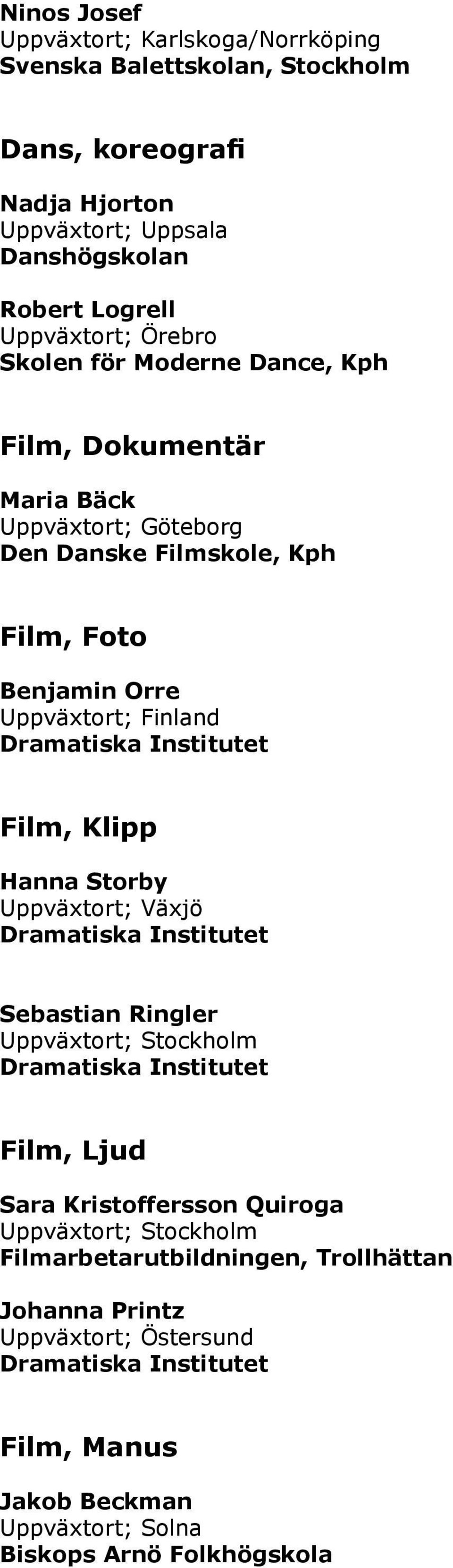 Film, Foto Benjamin Orre Uppväxtort; Finland Film, Klipp Hanna Storby Uppväxtort; Växjö Sebastian Ringler Film, Ljud Sara Kristoffersson