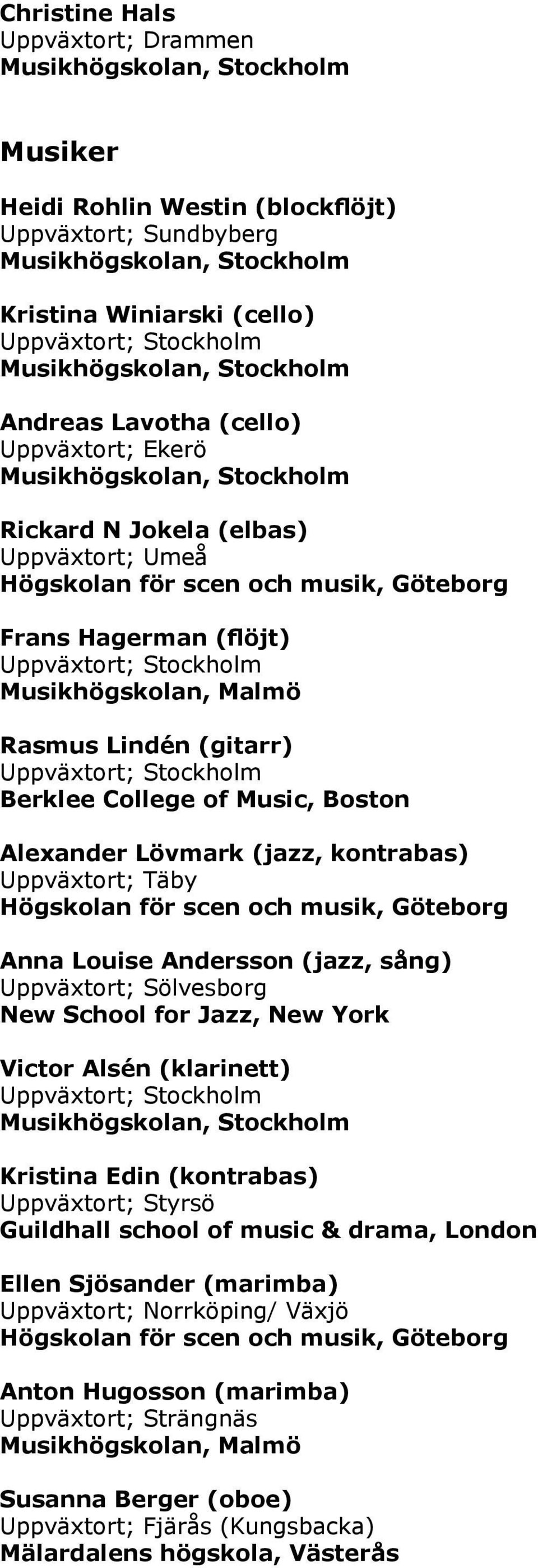 Andersson (jazz, sång) Uppväxtort; Sölvesborg New School for Jazz, New York Victor Alsén (klarinett) Kristina Edin (kontrabas) Uppväxtort; Styrsö Guildhall school of music & drama,