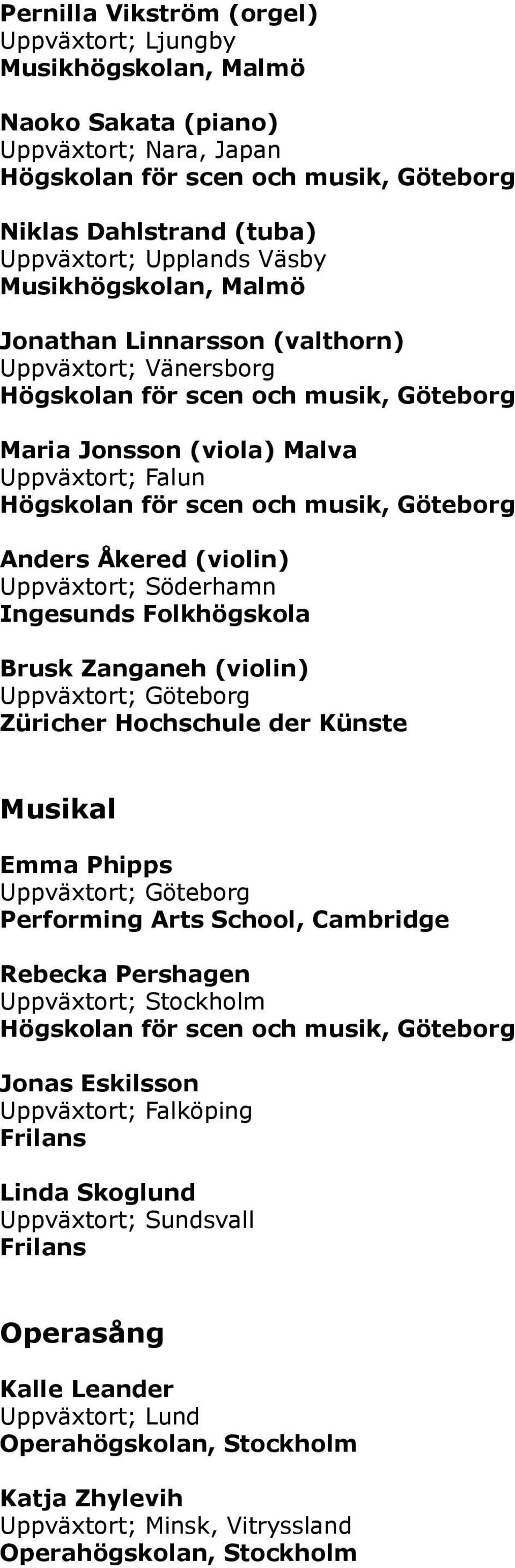 (violin) Züricher Hochschule der Künste Musikal Emma Phipps Performing Arts School, Cambridge Rebecka Pershagen Jonas Eskilsson Uppväxtort; Falköping Linda