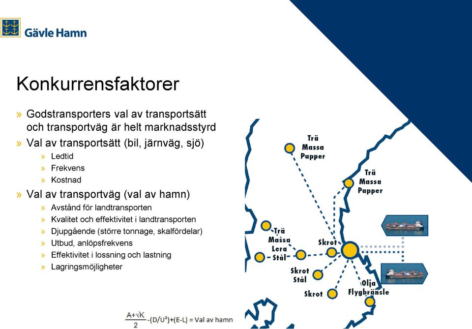 hamn)» Avstånd för landtransporten» Kvalitet och effektivitet i landtransporten» Djupgående (större