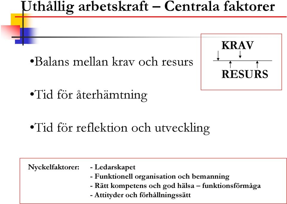 Nyckelfaktorer: - Ledarskapet - Funktionell organisation och bemanning