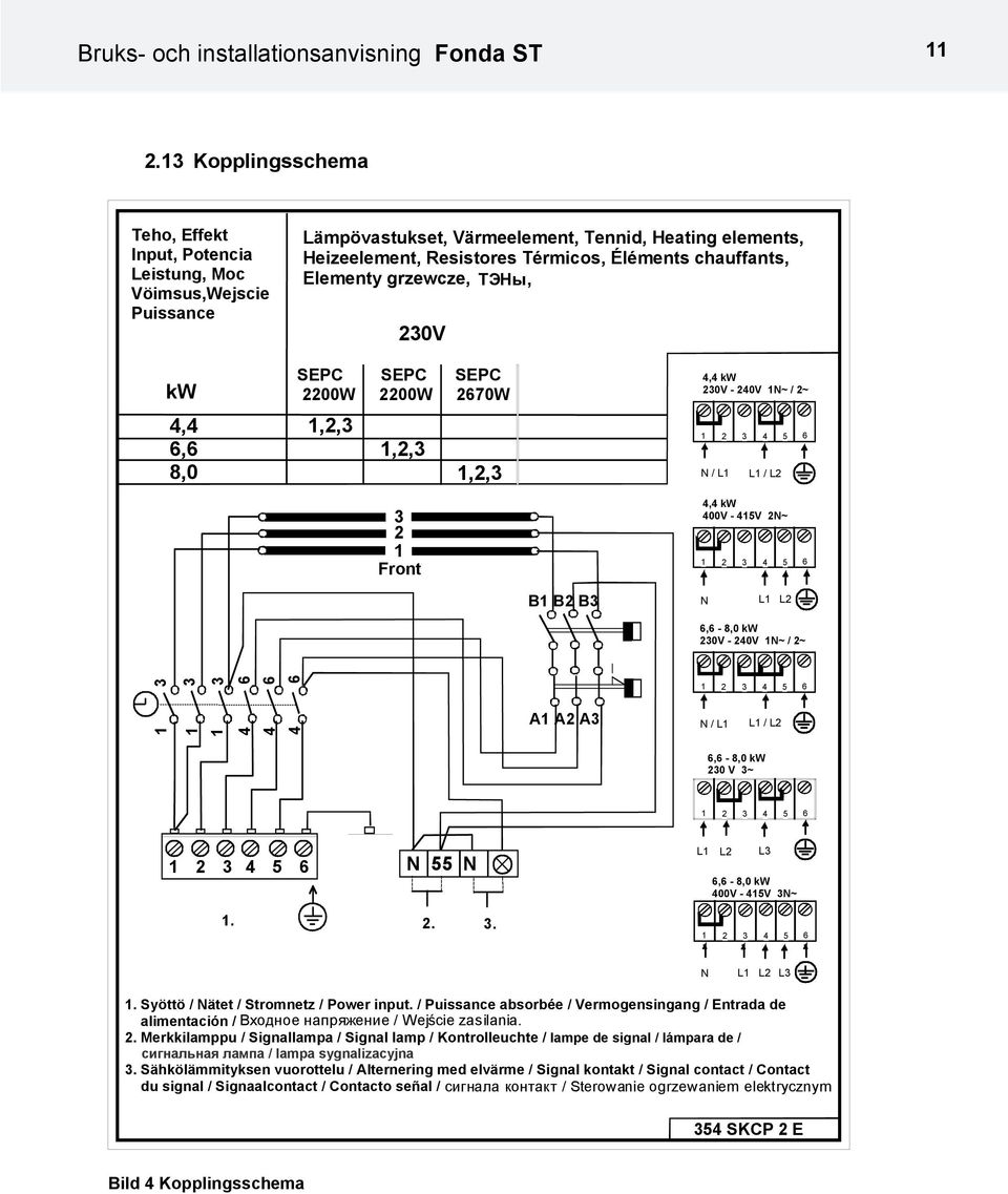 Elementy grzewcze, ТЭНы, 230V kw 4,4 6,6 8,0 SEPC SEPC SEPC 2200W 2200W 2670W 1,2,3 1,2,3 3 2 1 Front 1,2,3 4,4 kw 230V - 240V 1N~ / 2~ 1 2 3 4 5 6 N / L1 L1 / L2 4,4 kw 400V - 415V 2N~ 1 2 3 4 5 6