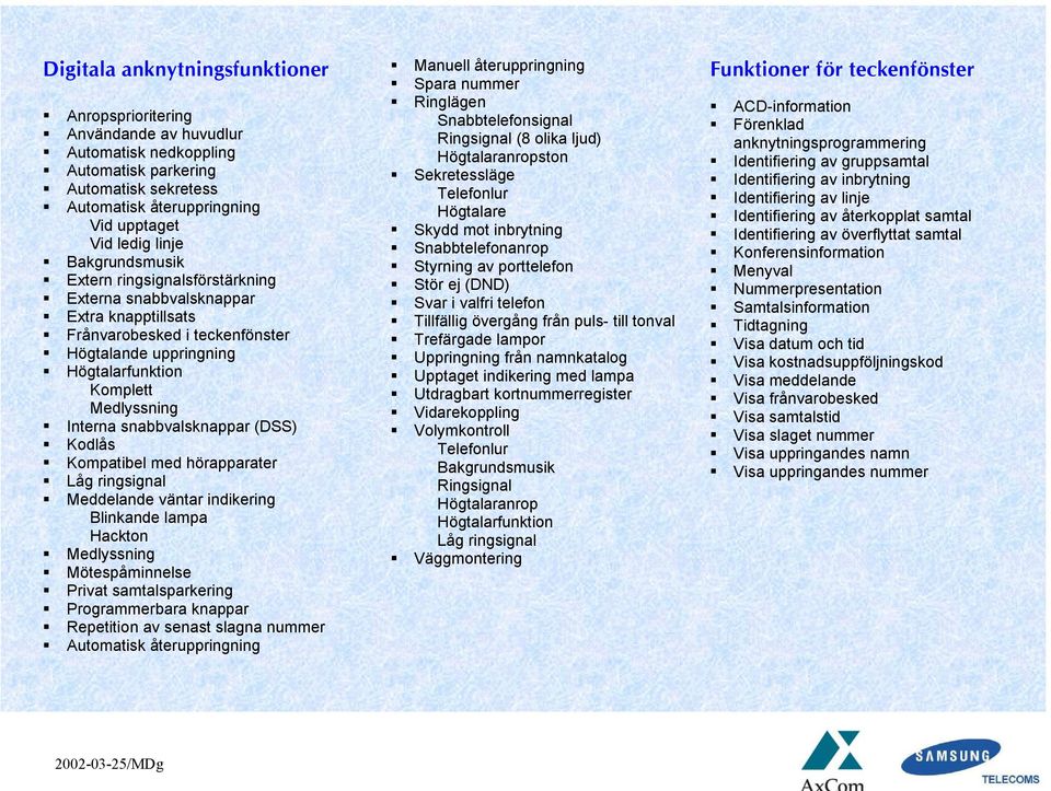 snabbvalsknappar (DSS) Kodlås Kompatibel med hörapparater Låg ringsignal Meddelande väntar indikering Blinkande lampa Hackton Medlyssning Mötespåminnelse Privat samtalsparkering Programmerbara