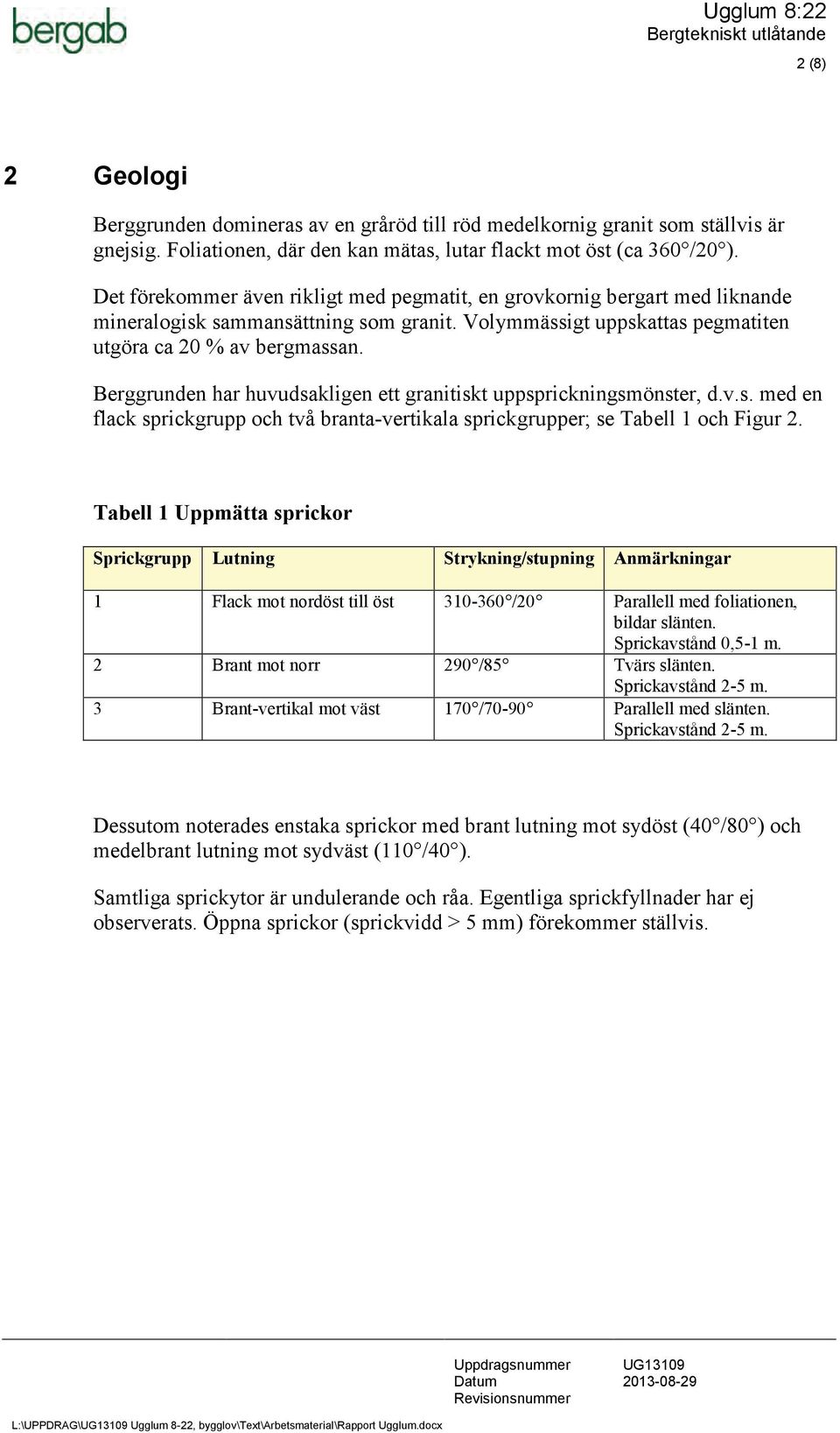 Berggrunden har huvudsakligen ett granitiskt uppsprickningsmönster, d.v.s. med en flack sprickgrupp och två branta-vertikala sprickgrupper;; se Tabell 1 och Figur 2.