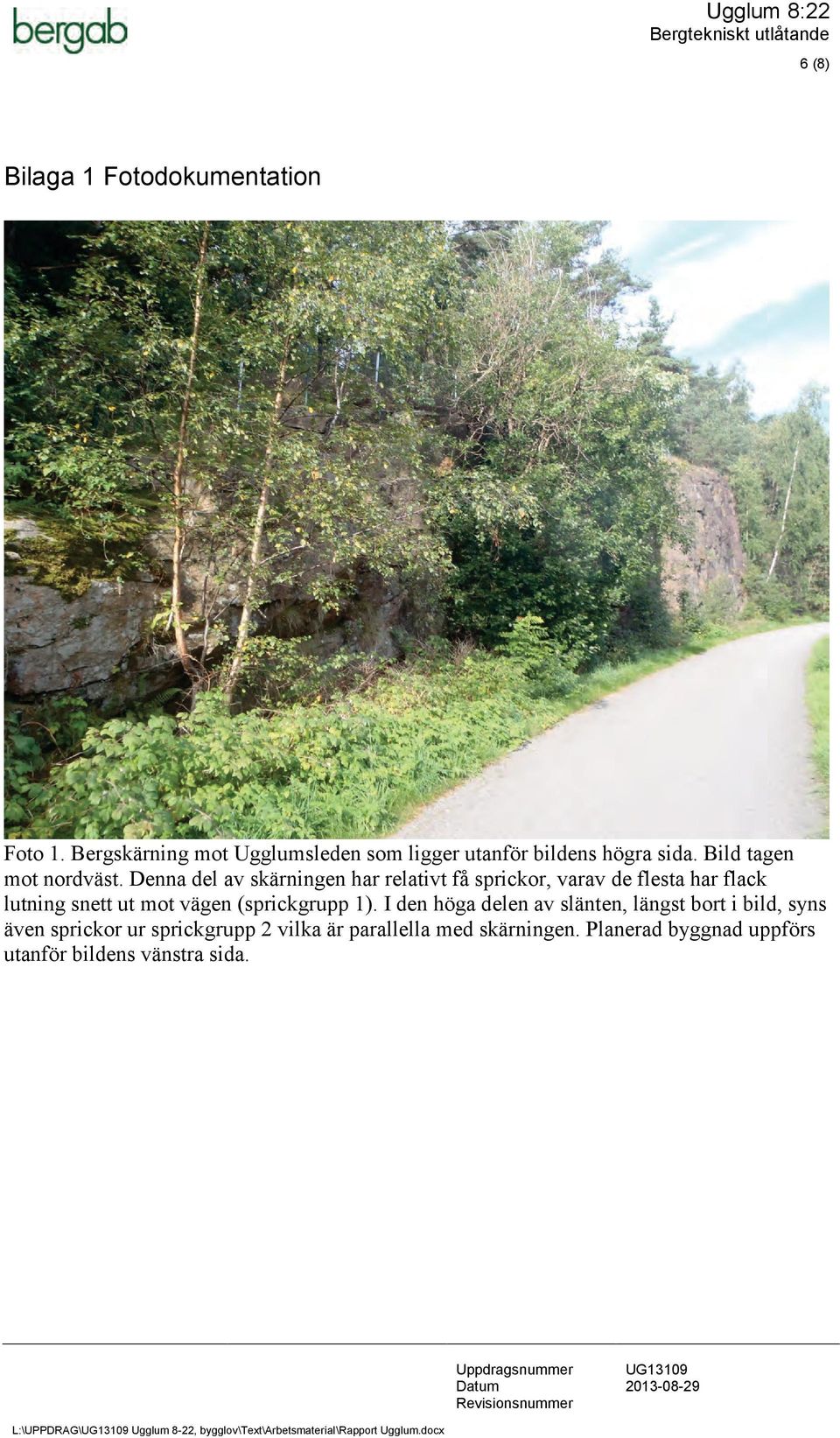 Denna del av skärningen har relativt få sprickor, varav de flesta har flack lutning snett ut mot vägen