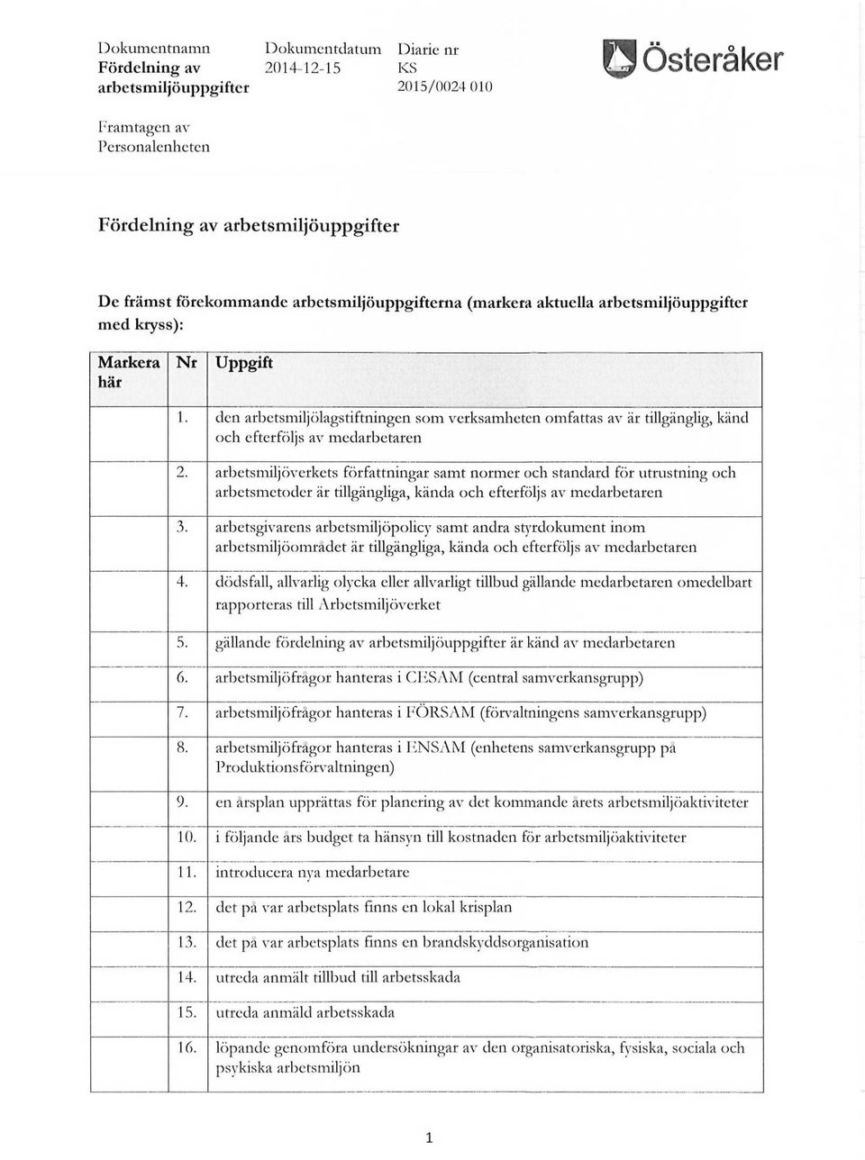 arbetsmiljöverkets författningar samt normer och standard för utrustning och arbetsmetoder är tillgängliga, kända och efterföljs av medarbetaren 3.