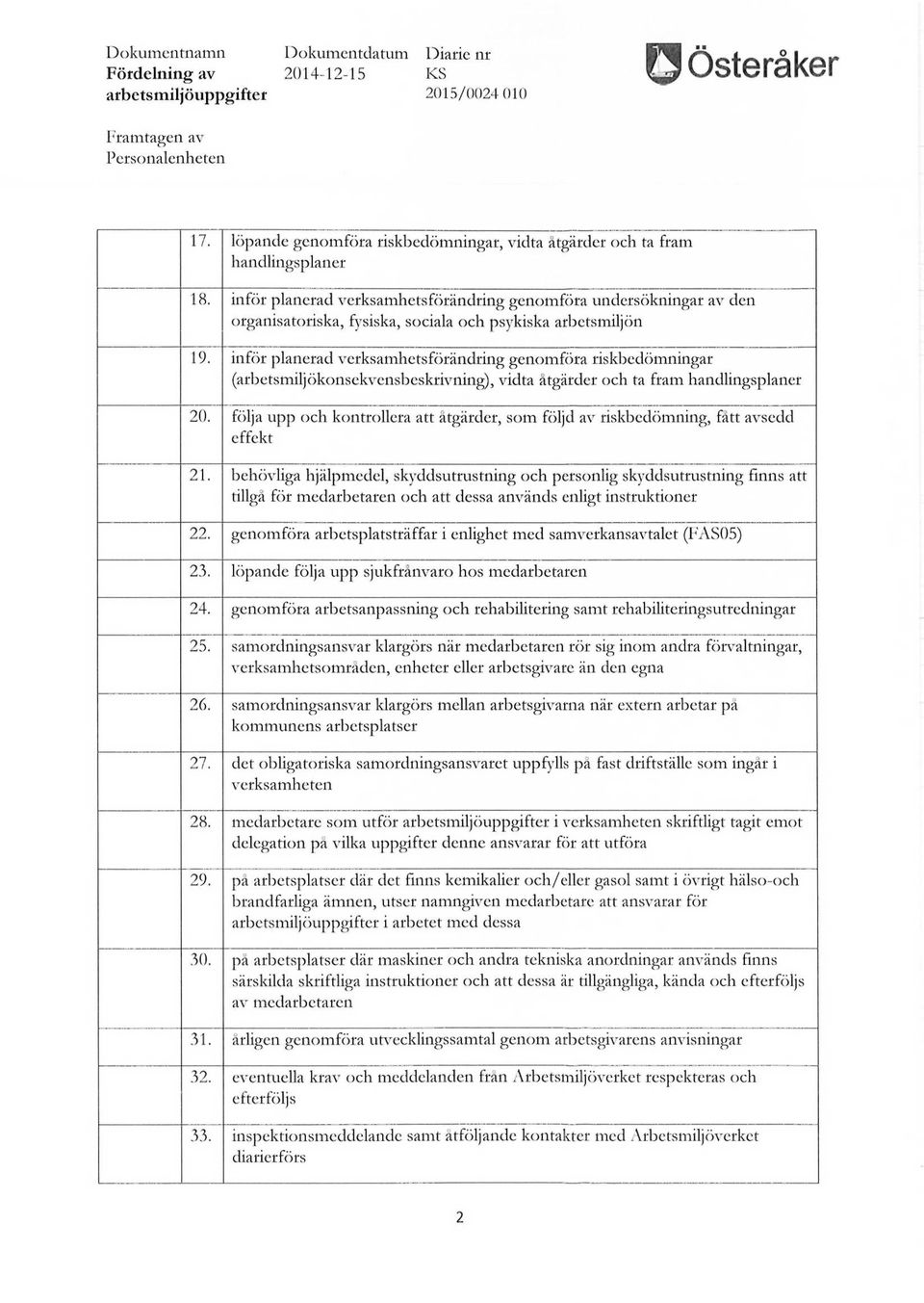 inför planerad verksamhetsförändring genomföra riskbedömningar (arbetsmiljökonsekvensbeskrivning), vidta åtgärder och ta fram handlingsplaner 20.