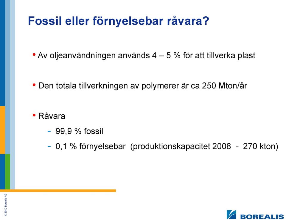 Den totala tillverkningen av polymerer är ca 250 Mton/år