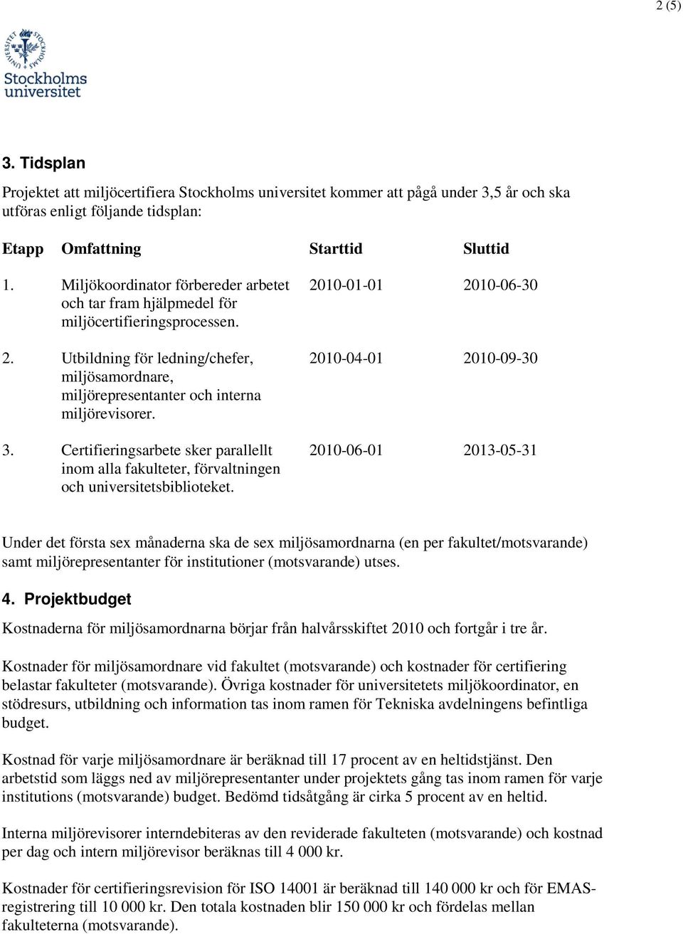 Utbildning för ledning/chefer, miljösamordnare, miljörepresentanter och interna miljörevisorer. 2010-04-01 2010-09-30 3.