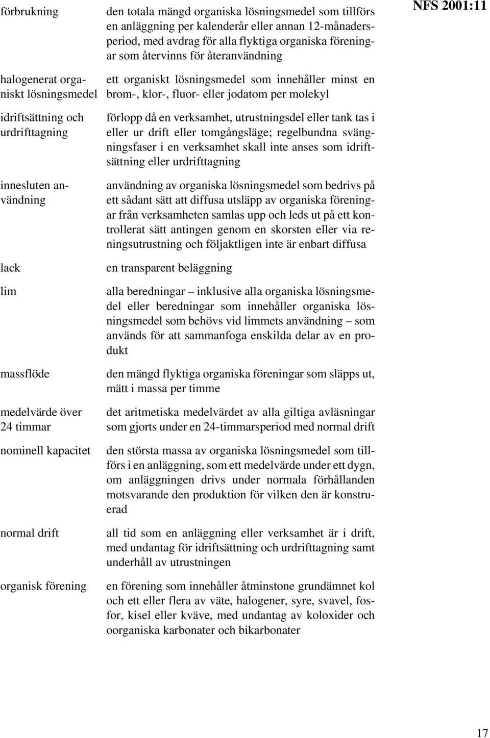 ett organiskt lösningsmedel som innehåller minst en brom-, klor-, fluor- eller jodatom per molekyl förlopp då en verksamhet, utrustningsdel eller tank tas i eller ur drift eller tomgångsläge;
