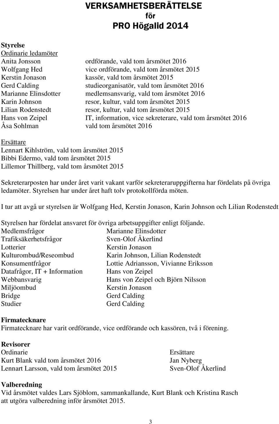 Rodenstedt resor, kultur, vald tom årsmötet 2015 Hans von Zeipel IT, information, vice sekreterare, vald tom årsmötet 2016 Åsa Sohlman vald tom årsmötet 2016 Ersättare Lennart Kihlström, vald tom