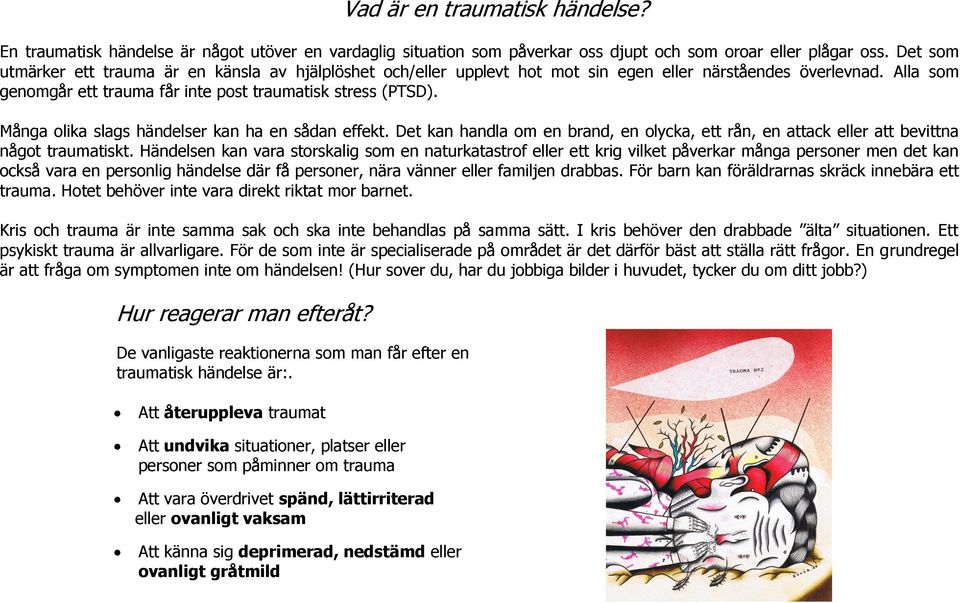 Många olika slags händelser kan ha en sådan effekt. Det kan handla om en brand, en olycka, ett rån, en attack eller att bevittna något traumatiskt.