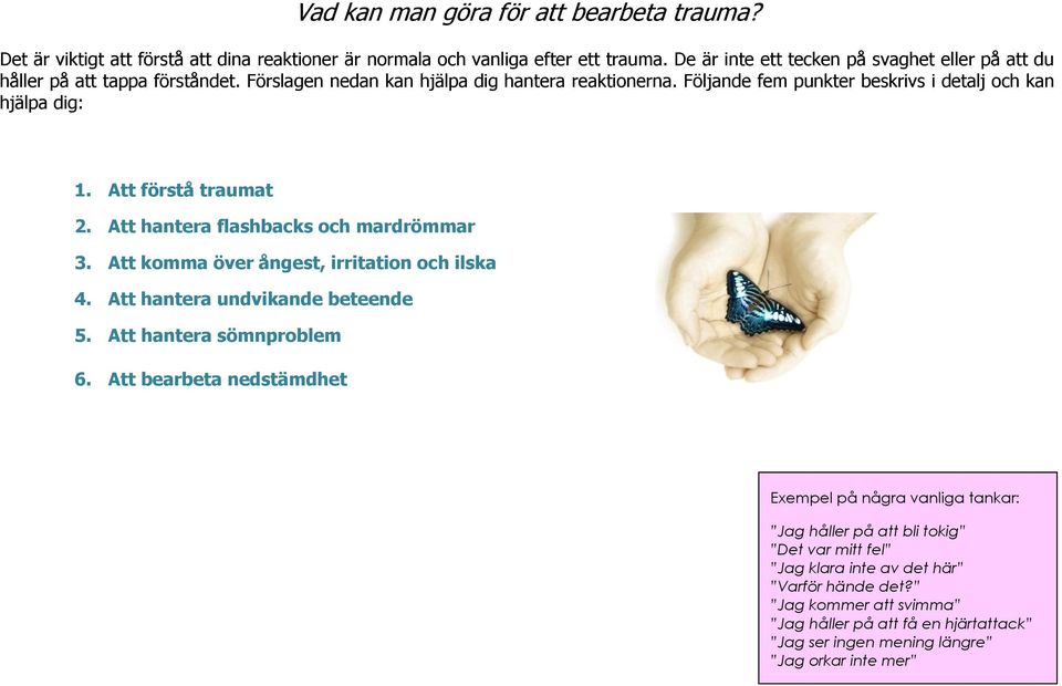 Följande fem punkter beskrivs i detalj och kan hjälpa dig: 1. Att förstå traumat 2. Att hantera flashbacks och mardrömmar 3. Att komma över ångest, irritation och ilska 4.