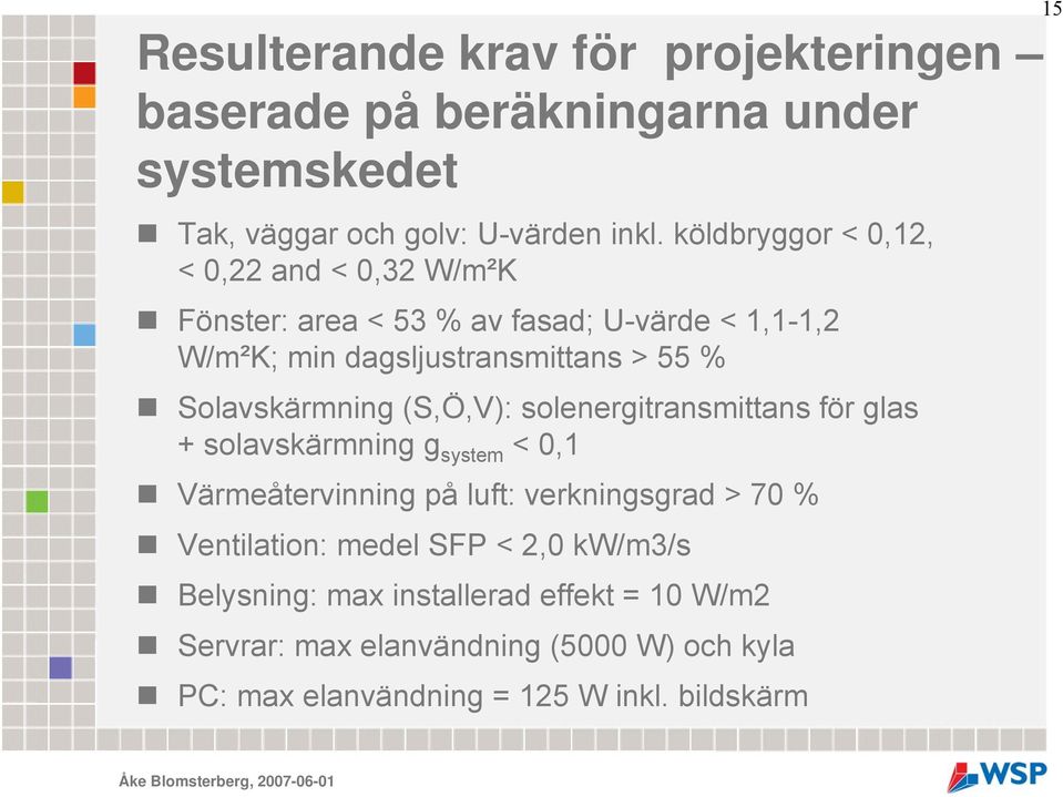 Solavskärmning (S,Ö,V): solenergitransmittans för glas + solavskärmning g system <0,1 Värmeåtervinning på luft: verkningsgrad > 70 %