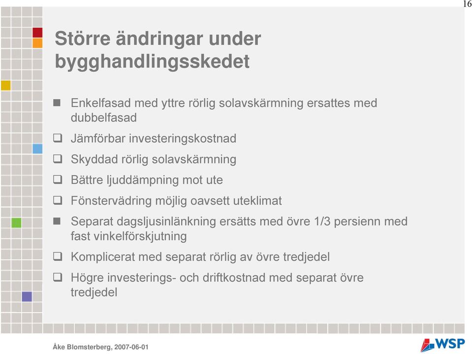 Fönstervädring möjlig oavsett uteklimat Separat dagsljusinlänkning ersätts med övre 1/3 persienn med fast