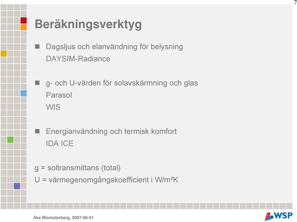 Parasol WIS Energianvändning och termisk komfort IDA ICE g =