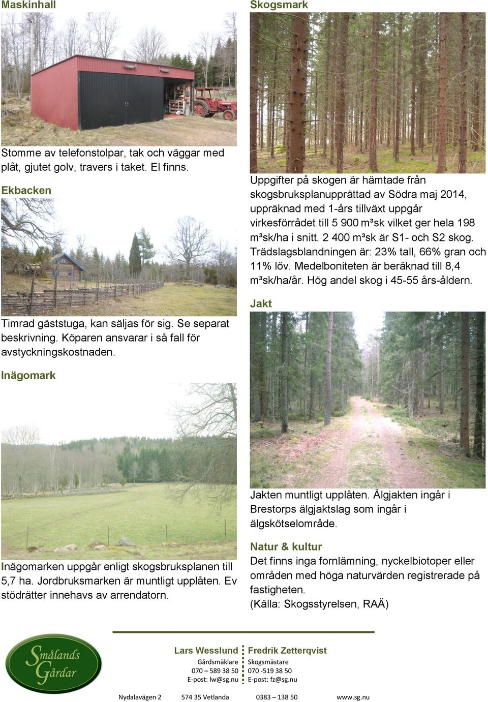 2 400 m³sk är S1- och S2 skog. Trädslagsblandningen är: 23% tall, 66% gran och 11% löv. Medelboniteten är beräknad till 8,4 m³sk/ha/år. Hög andel skog i 45-55 års-åldern.