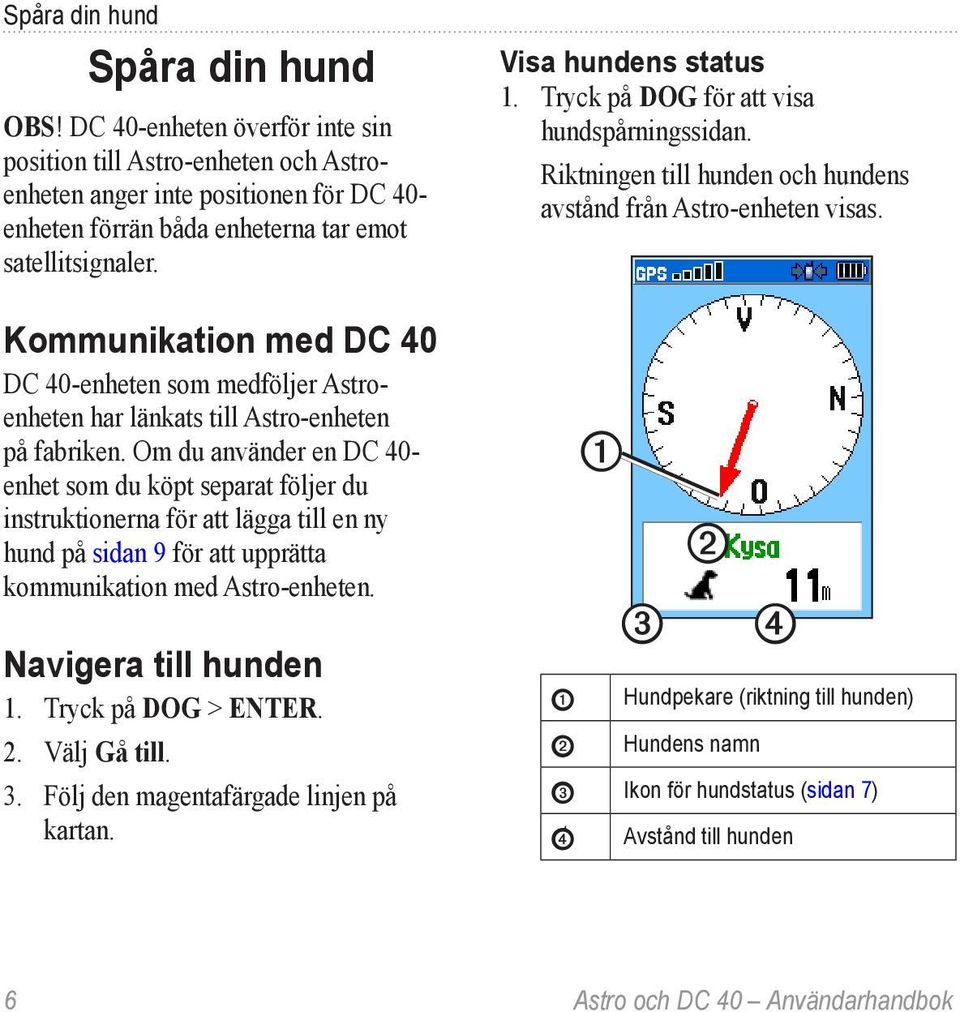 Om du använder en DC 40- enhet som du köpt separat följer du instruktionerna för att lägga till en ny hund på sidan 9 för att upprätta kommunikation med Astro-enheten. Navigera till hunden 1.