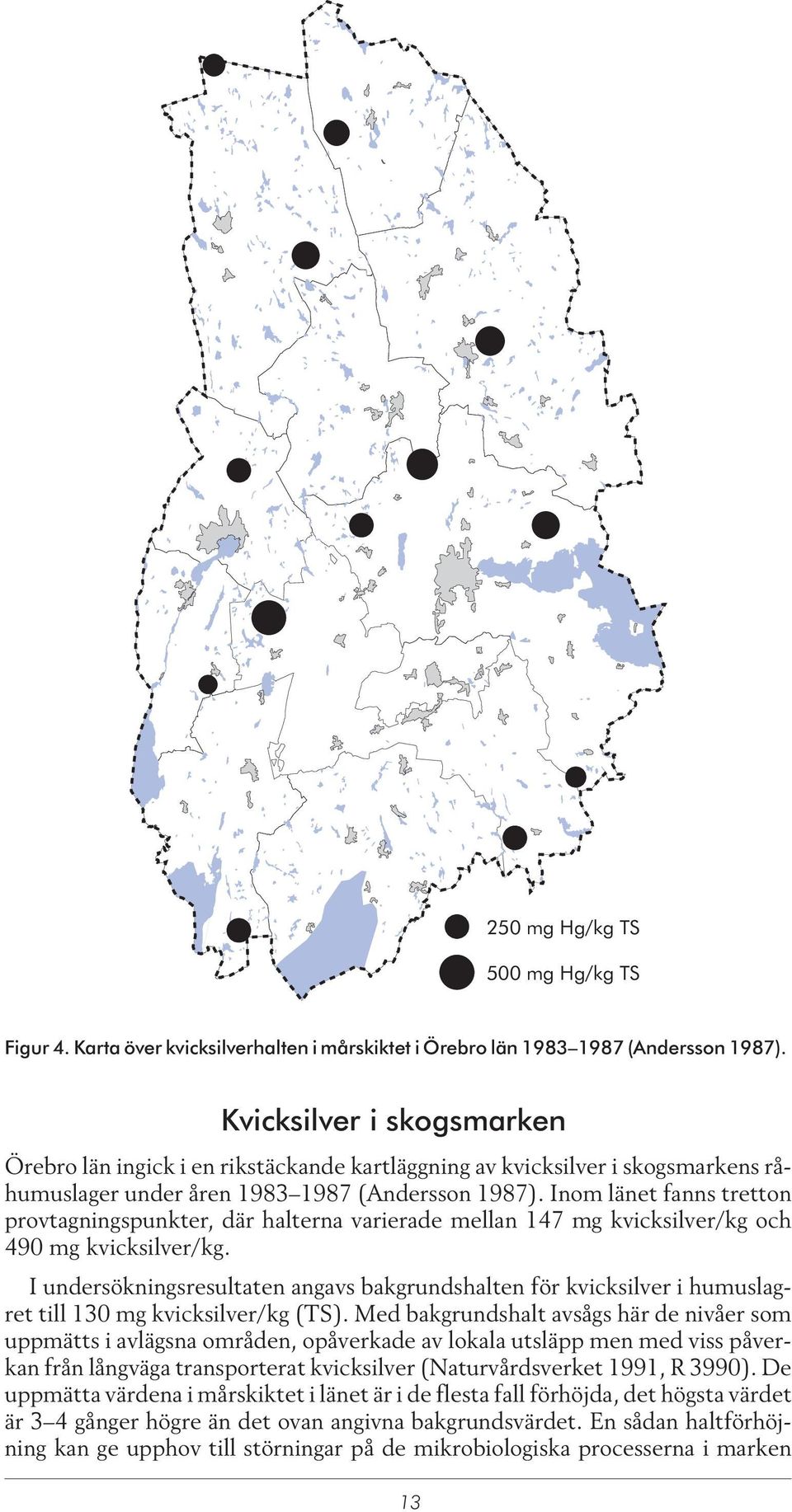Inom länet fanns tretton provtagningspunkter, där halterna varierade mellan 147 mg kvicksilver/kg och 490 mg kvicksilver/kg.
