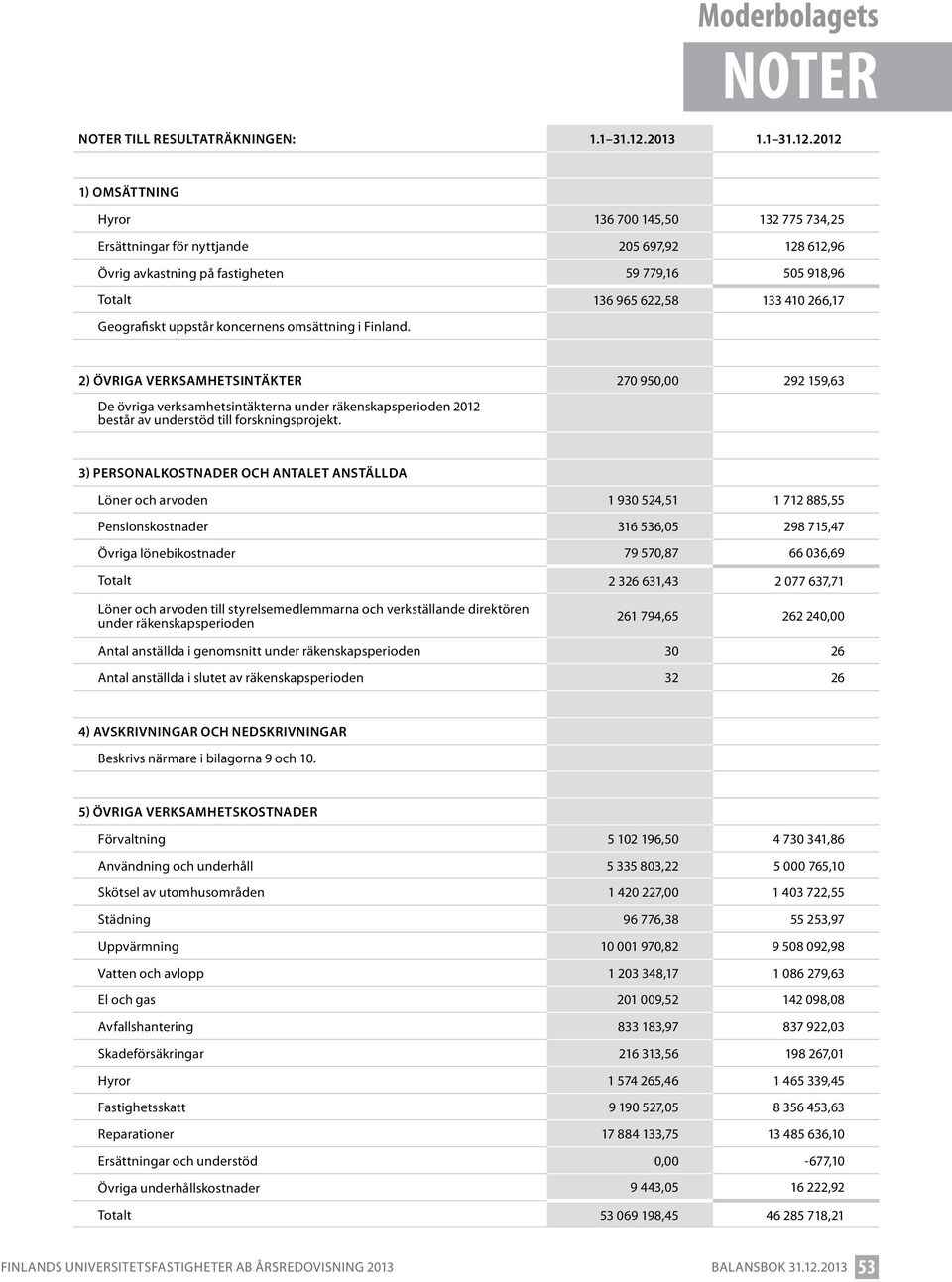 uppstår koncernens omsättning i Finland. 2) Övriga verksamhetsintäkter 270 950,00 292 159,63 De övriga verksamhetsintäkterna under räkenskapsperioden 2012 består av understöd till forskningsprojekt.