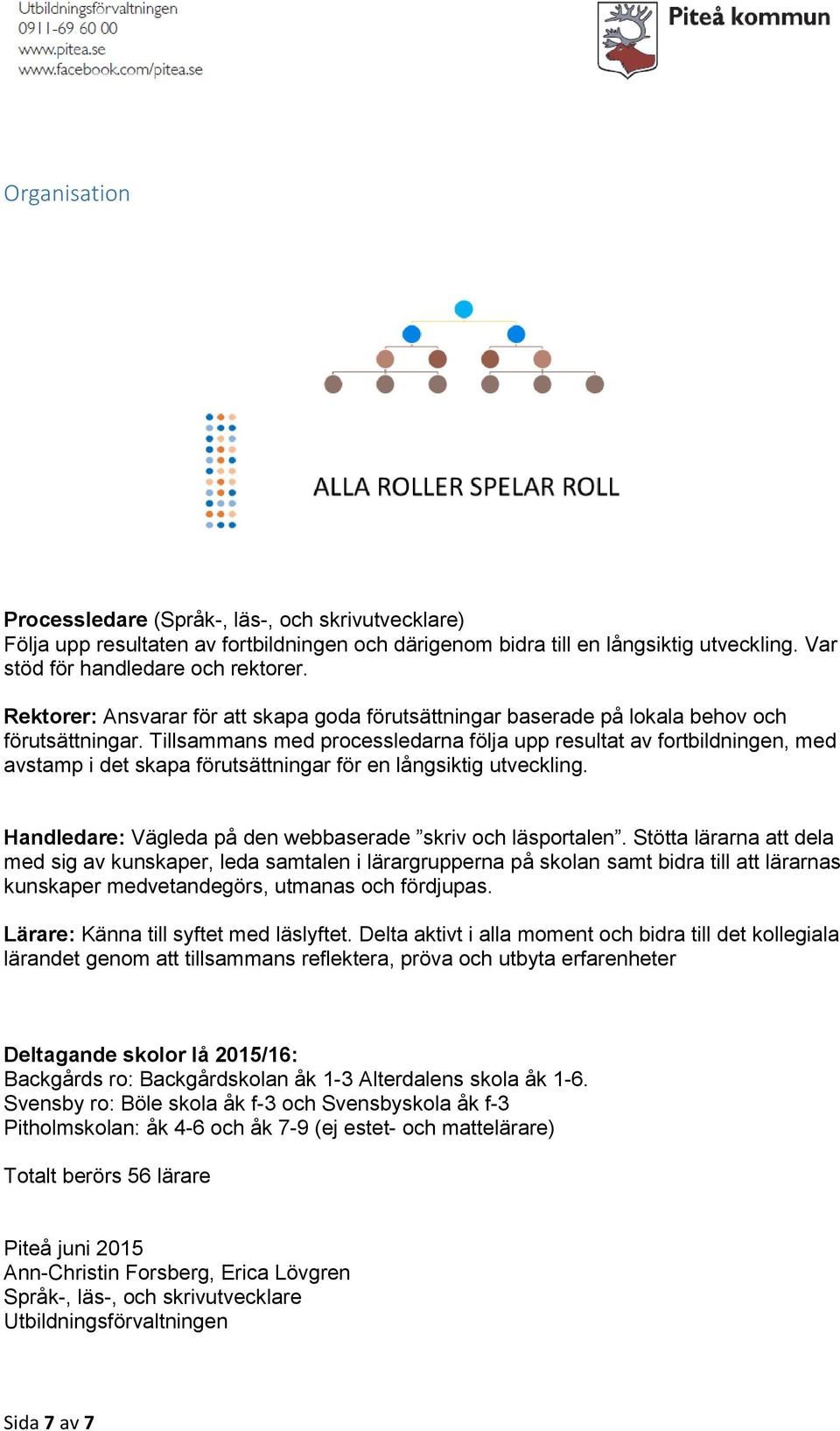 Tillsammans med processledarna följa upp resultat av fortbildningen, med avstamp i det skapa förutsättningar för en långsiktig utveckling. Handledare: Vägleda på den webbaserade skriv och läsportalen.