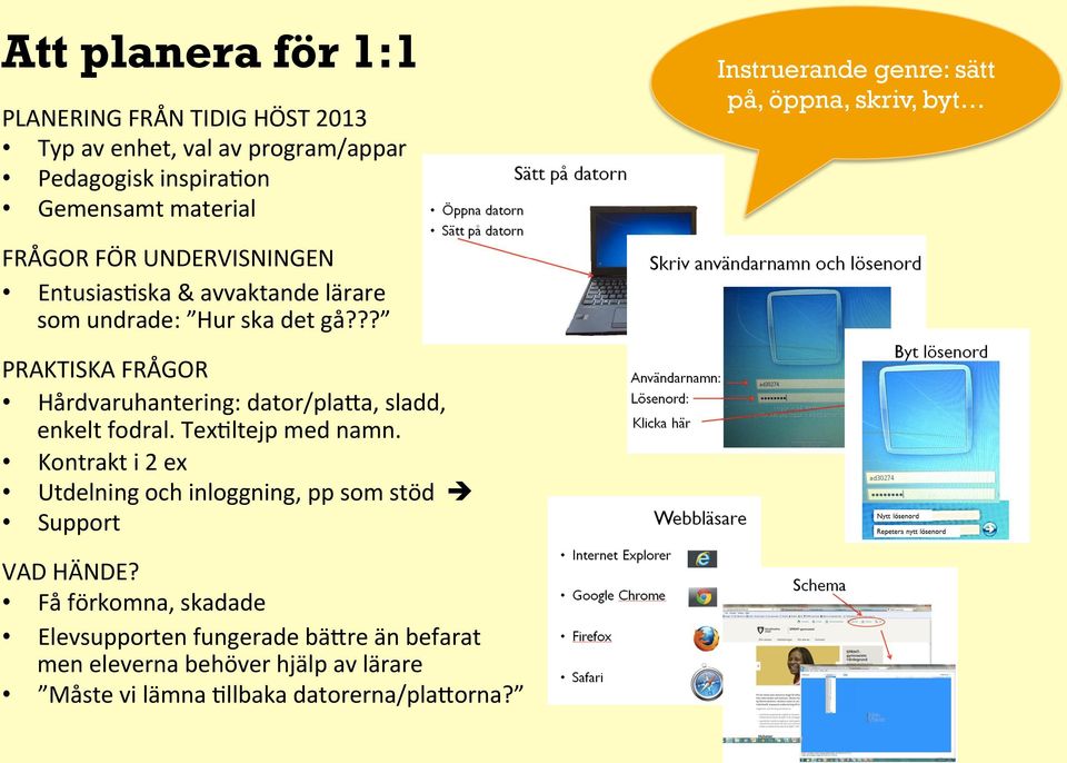 ?? PRAKTISKA FRÅGOR Hårdvaruhantering: dator/plava, sladd, enkelt fodral. TexWltejp med namn.