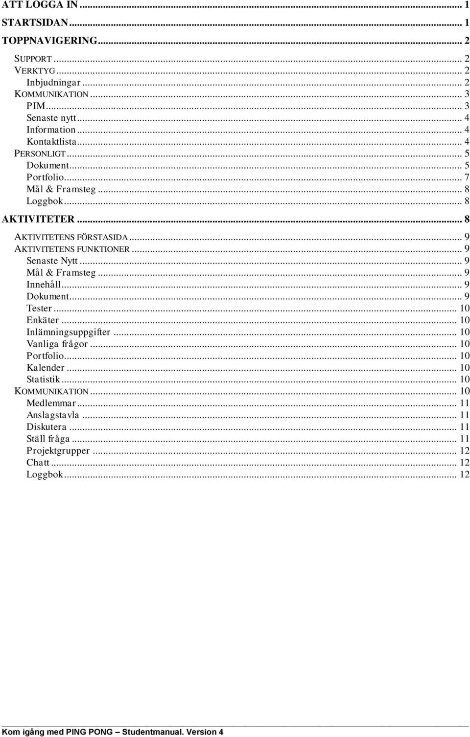.. 9 Mål & Framsteg... 9 Innehåll... 9 Dokument... 9 Tester... 10 Enkäter... 10 Inlämningsuppgifter... 10 Vanliga frågor... 10 Portfolio... 10 Kalender... 10 Statistik.