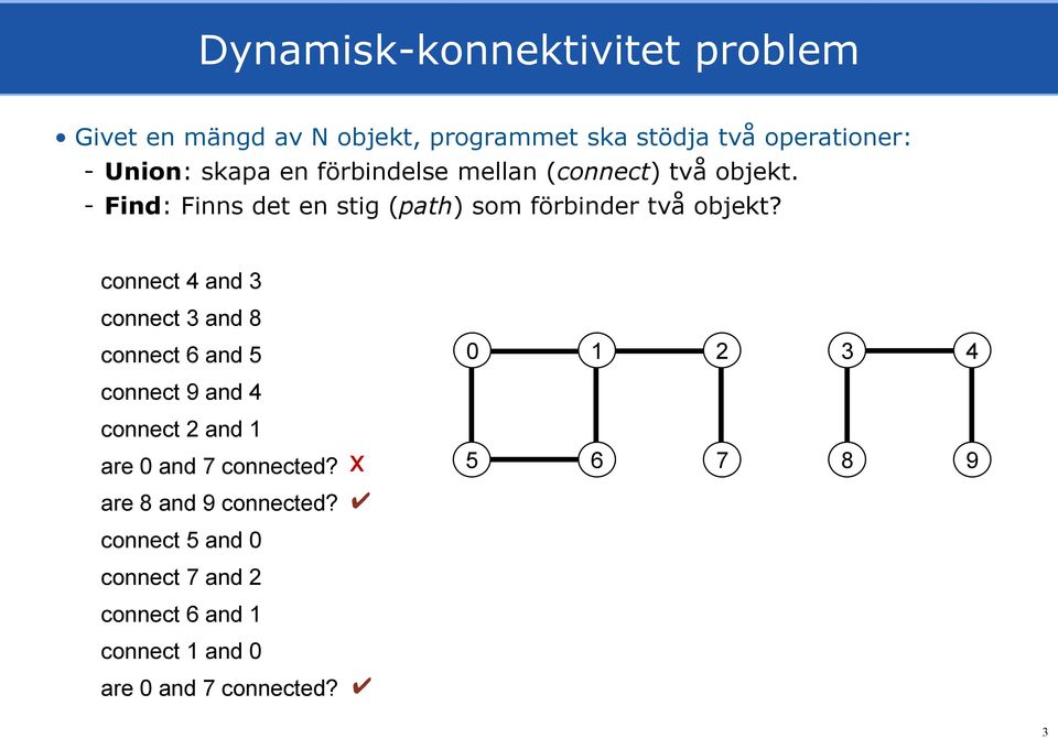 connect 4 and 3 connect 3 and 8 connect 6 and 5 0 1 2 3 4 connect 9 and 4 connect 2 and 1 are 0 and 7 connected?