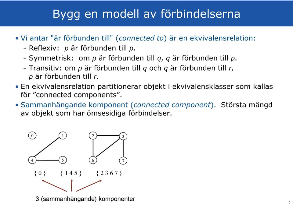 - Transitiv: om p är förbunden till q och q är förbunden till r, p är förbunden till r.