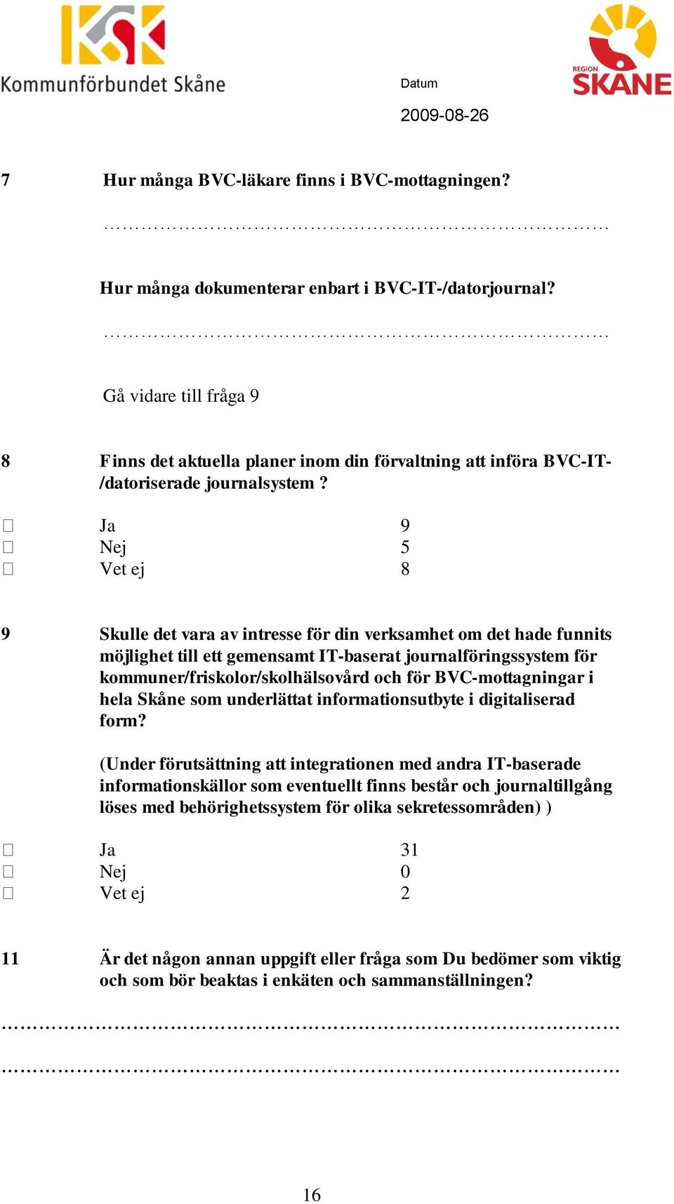 Ja 9 Nej 5 Vet ej 8 9 Skulle det vara av intresse för din verksamhet om det hade funnits möjlighet till ett gemensamt IT-baserat journalföringssystem för kommuner/friskolor/skolhälsovård och för