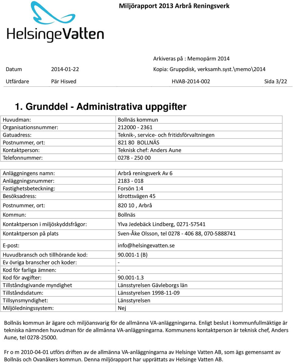 Teknisk chef: Anders Aune Telefonnummer: 0278-250 00 Anläggningens namn: Arbrå reningsverk Av 6 Anläggningsnummer: 2183-018 Fastighetsbeteckning: Forsön 1:4 Besöksadress: Idrottsvägen 45 Postnummer,