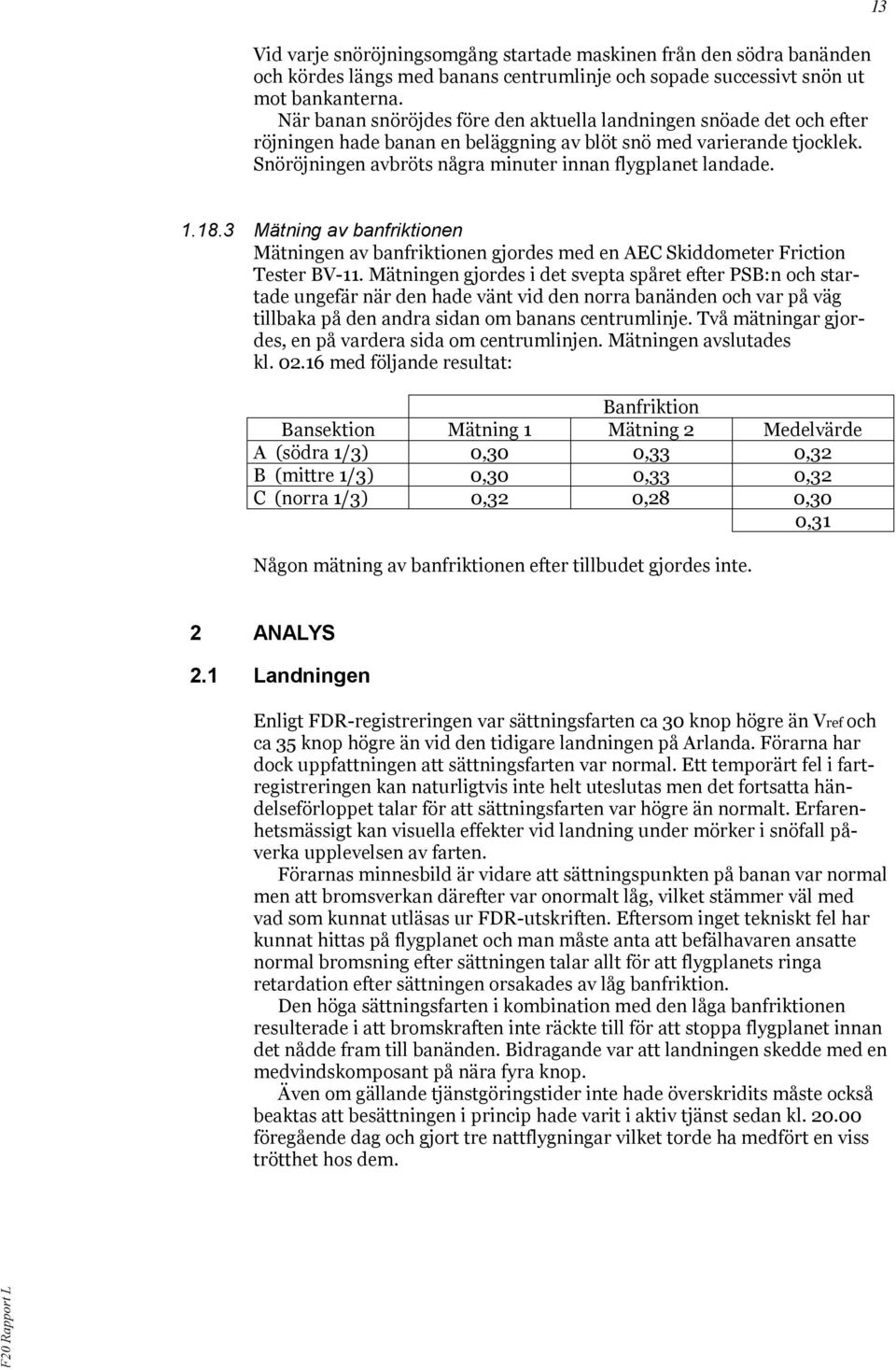 Snöröjningen avbröts några minuter innan flygplanet landade. 13 1.18.3 Mätning av banfriktionen Mätningen av banfriktionen gjordes med en AEC Skiddometer Friction Tester BV-11.