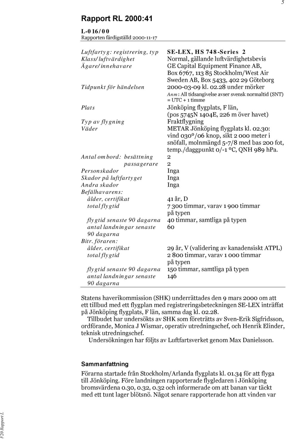 28 under mörker Anm: All tidsangivelse avser svensk normaltid (SNT) = UTC + 1 timme Plats Jönköping flygplats, F län, (pos 5745N 1404E, 226 m över havet) Typ av flygning Fraktflygning Väder METAR