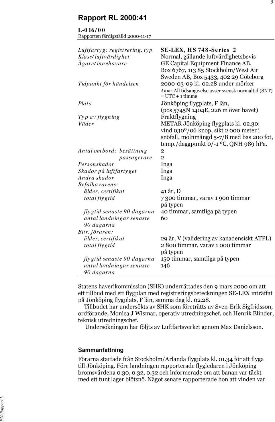 28 under mörker Anm: All tidsangivelse avser svensk normaltid (SNT) = UTC + 1 timme Plats Jönköping flygplats, F län, (pos 5745N 1404E, 226 m över havet) Typ av flygning Fraktflygning Väder METAR