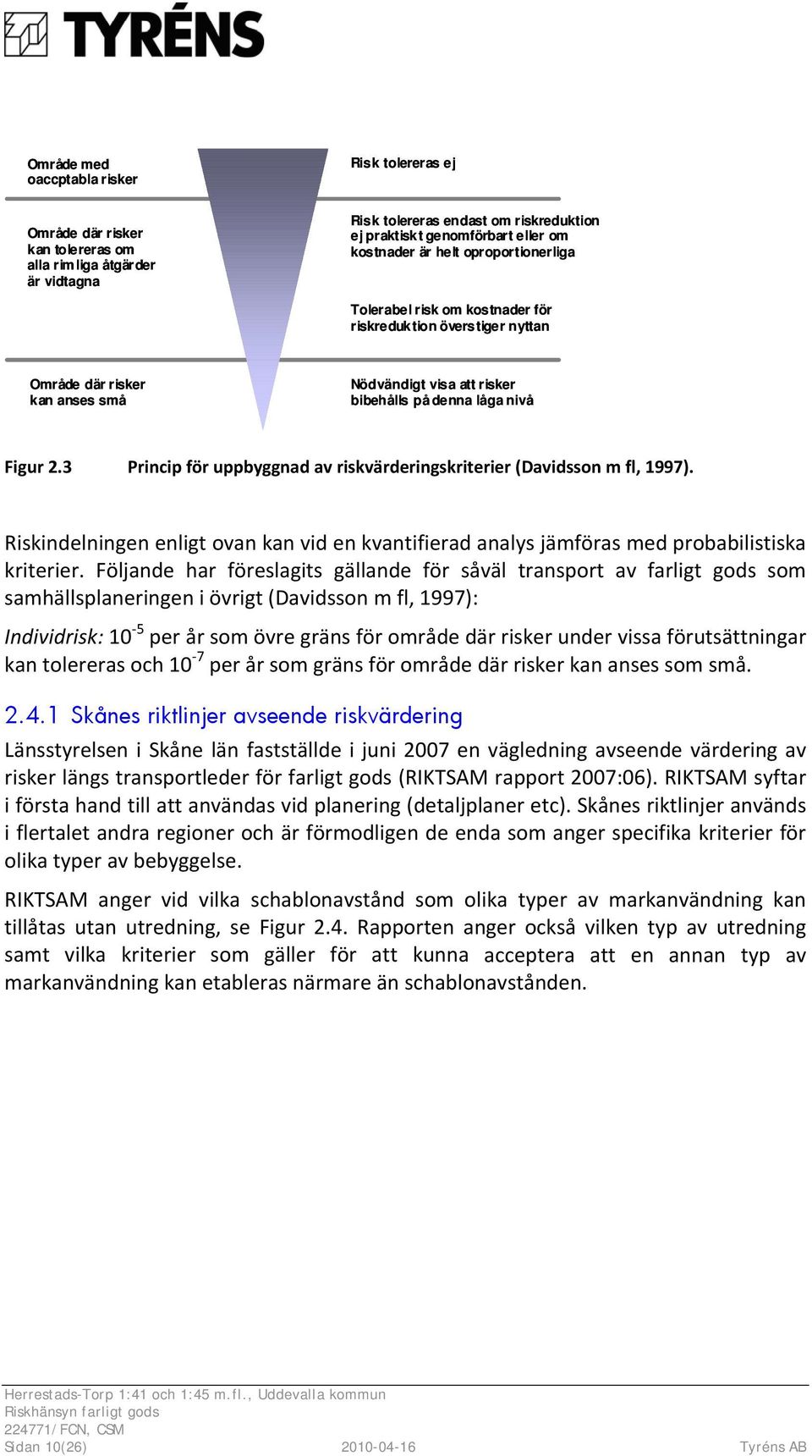 3 Princip för uppbyggnad av riskvärderingskriterier (Davidsson m fl, 1997). Riskindelningen enligt ovan kan vid en kvantifierad analys jämföras med probabilistiska kriterier.