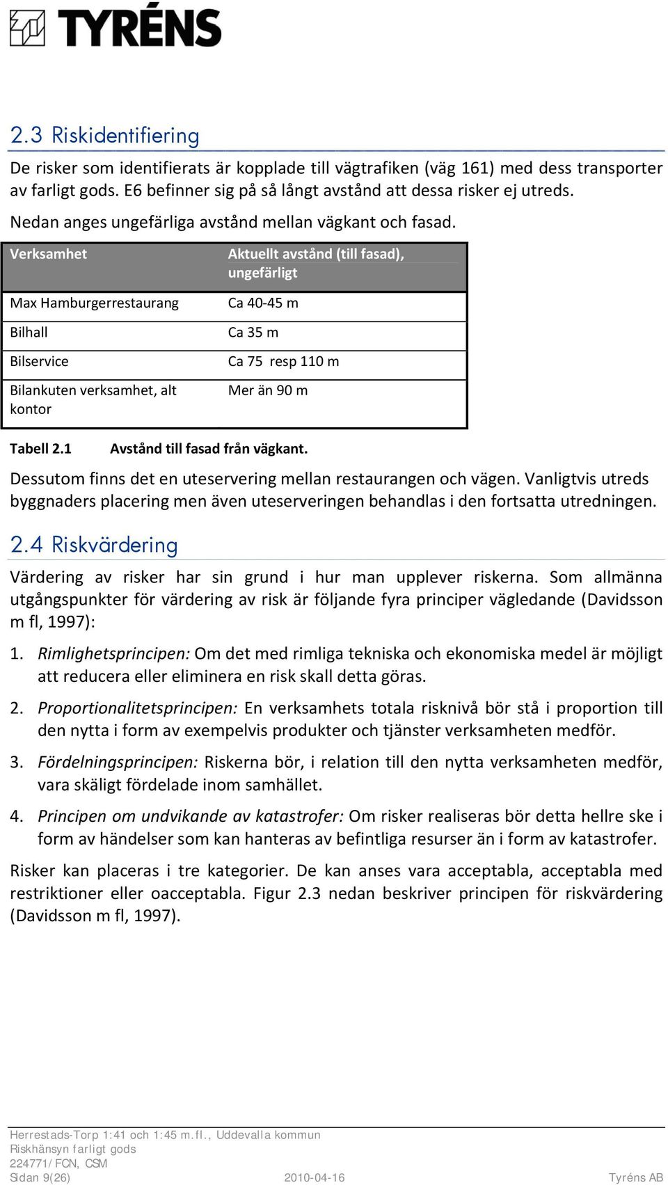Verksamhet Aktuellt avstånd (till fasad), ungefärligt Max Hamburgerrestaurang Bilhall Bilservice Bilankuten verksamhet, alt kontor Ca 40 45 m Ca 35 m Ca 75 resp 110 m Mer än 90 m Tabell 2.