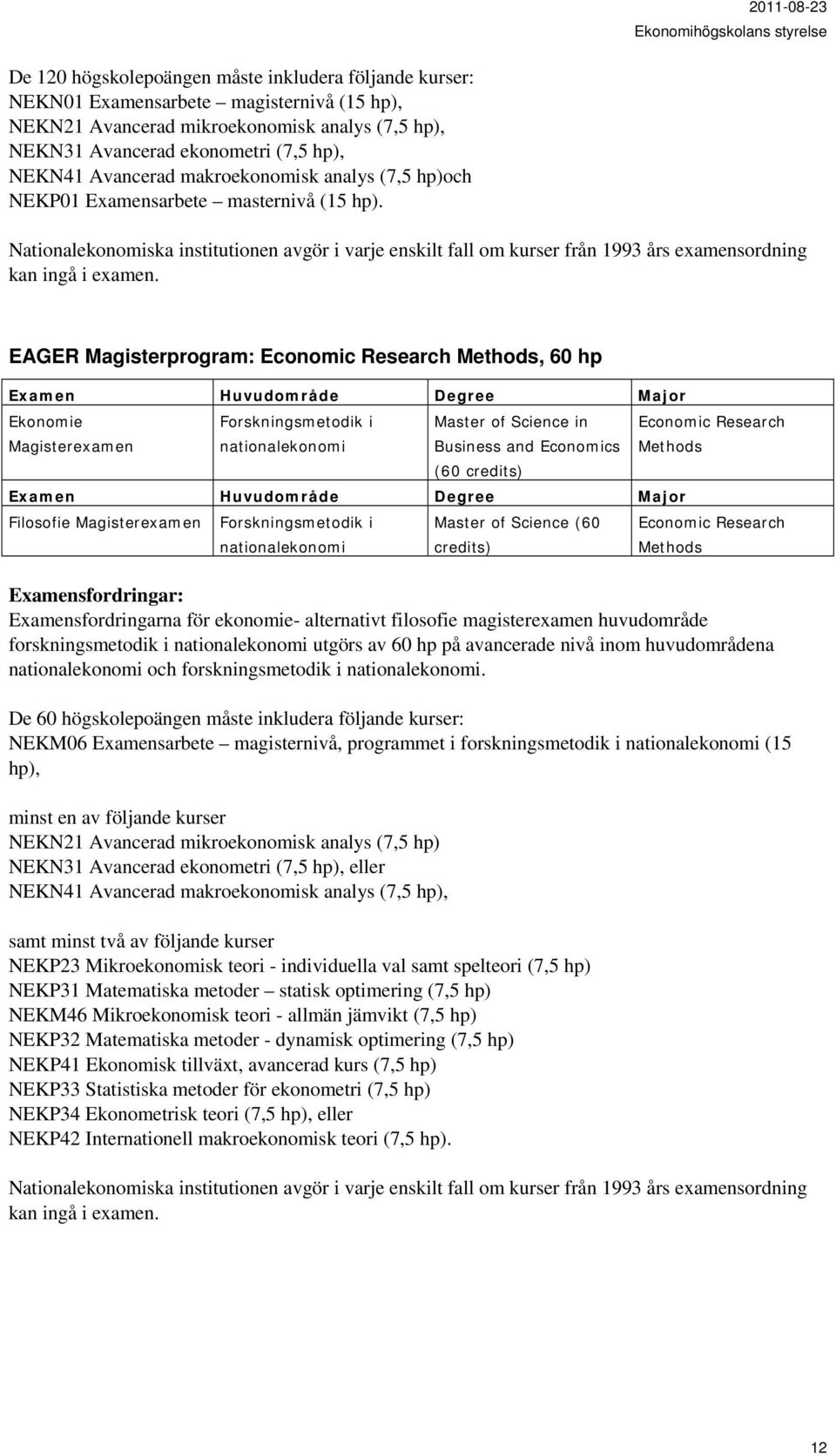 Nationalekonomiska institutionen avgör i varje enskilt fall om kurser från 1993 års examensordning kan ingå i examen.