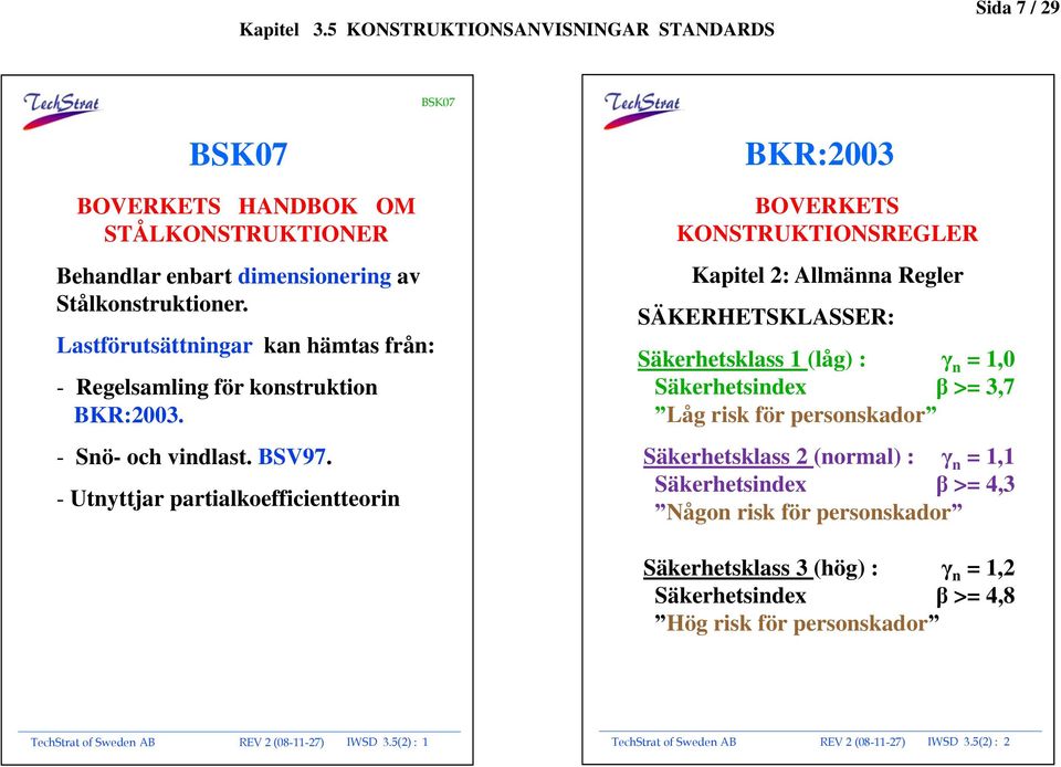 - Utnyttjar partialkoefficientteorin BKR:2003 BOVERKETS KONSTRUKTIONSREGLER Kapitel 2: Allmänna Regler SÄKERHETSKLASSER: Säkerhetsklass 1 (låg) : γ n = 1,0 Säkerhetsindex β >=