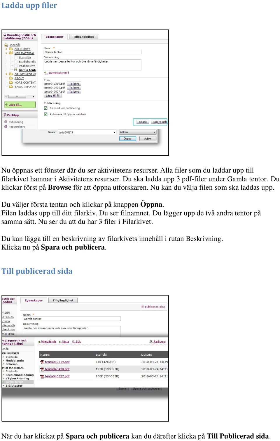 Du väljer första tentan och klickar på knappen Öppna. Filen laddas upp till ditt filarkiv. Du ser filnamnet. Du lägger upp de två andra tentor på samma sätt.