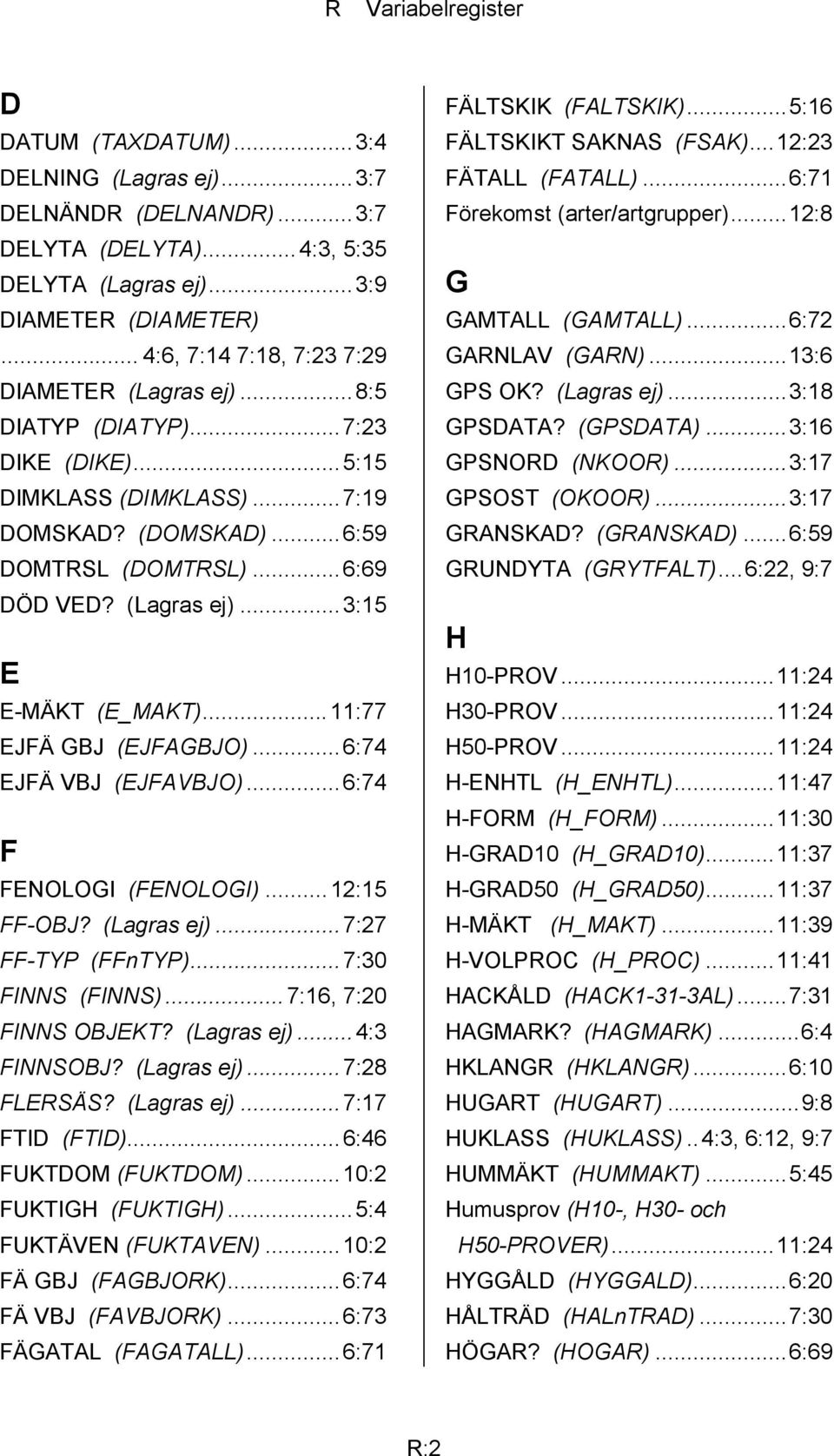 ..11:77 EJFÄ GBJ (EJFAGBJO)...6:74 EJFÄ VBJ (EJFAVBJO)...6:74 F FENOLOGI (FENOLOGI)...12:15 FF-OBJ? (Lagras ej)...7:27 FF-TYP (FFnTYP)...7:30 FINNS (FINNS)... 7:16, 7:20 FINNS OBJEKT? (Lagras ej)...4:3 FINNSOBJ?