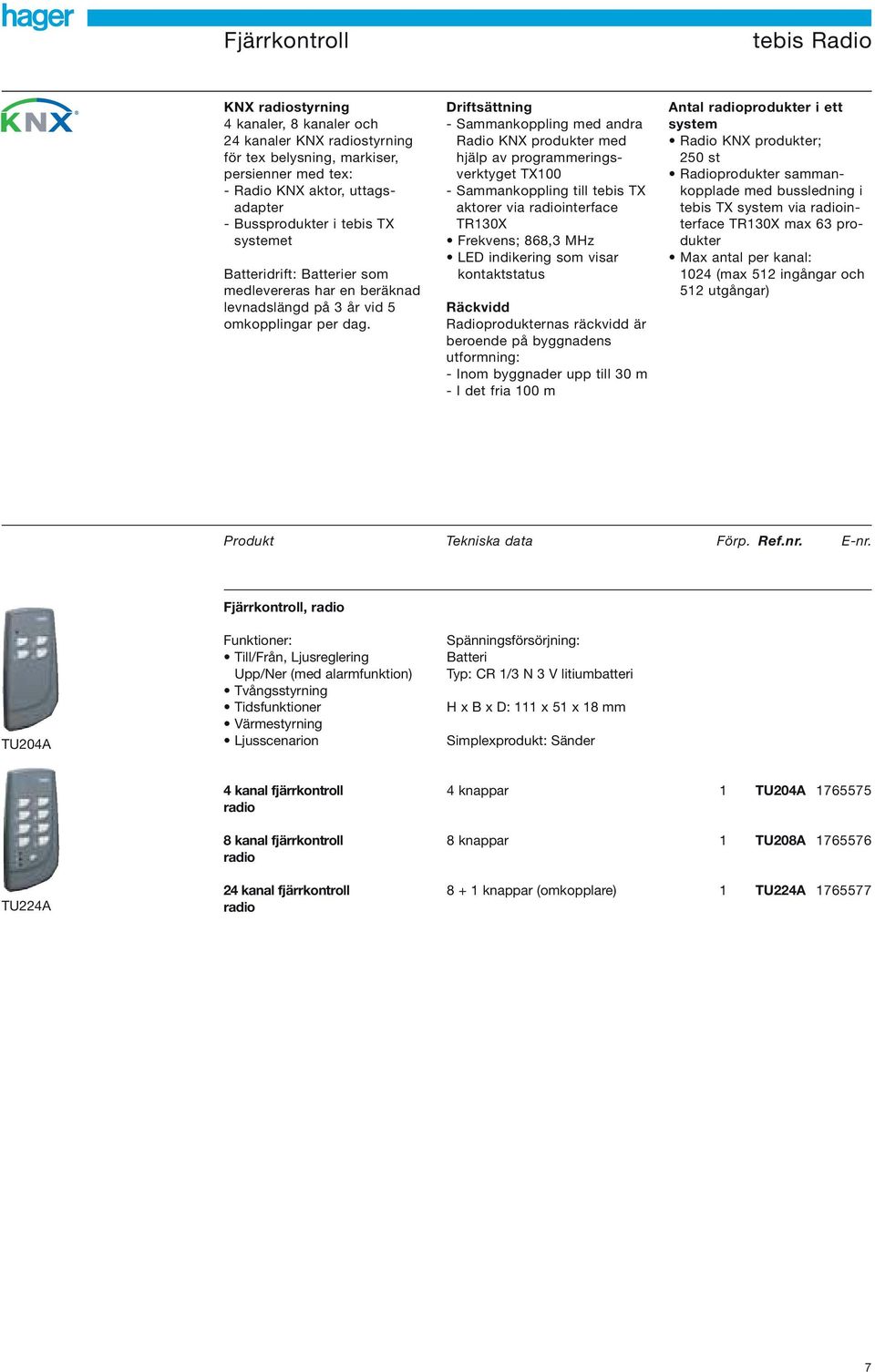 Driftsättning - Sammankoppling med andra Radio KNX produkter med hjälp av programmeringsverktyget TX00 - Sammankoppling till tebis TX aktorer via radiointerface TR30X Frekvens; 868,3 MHz LED