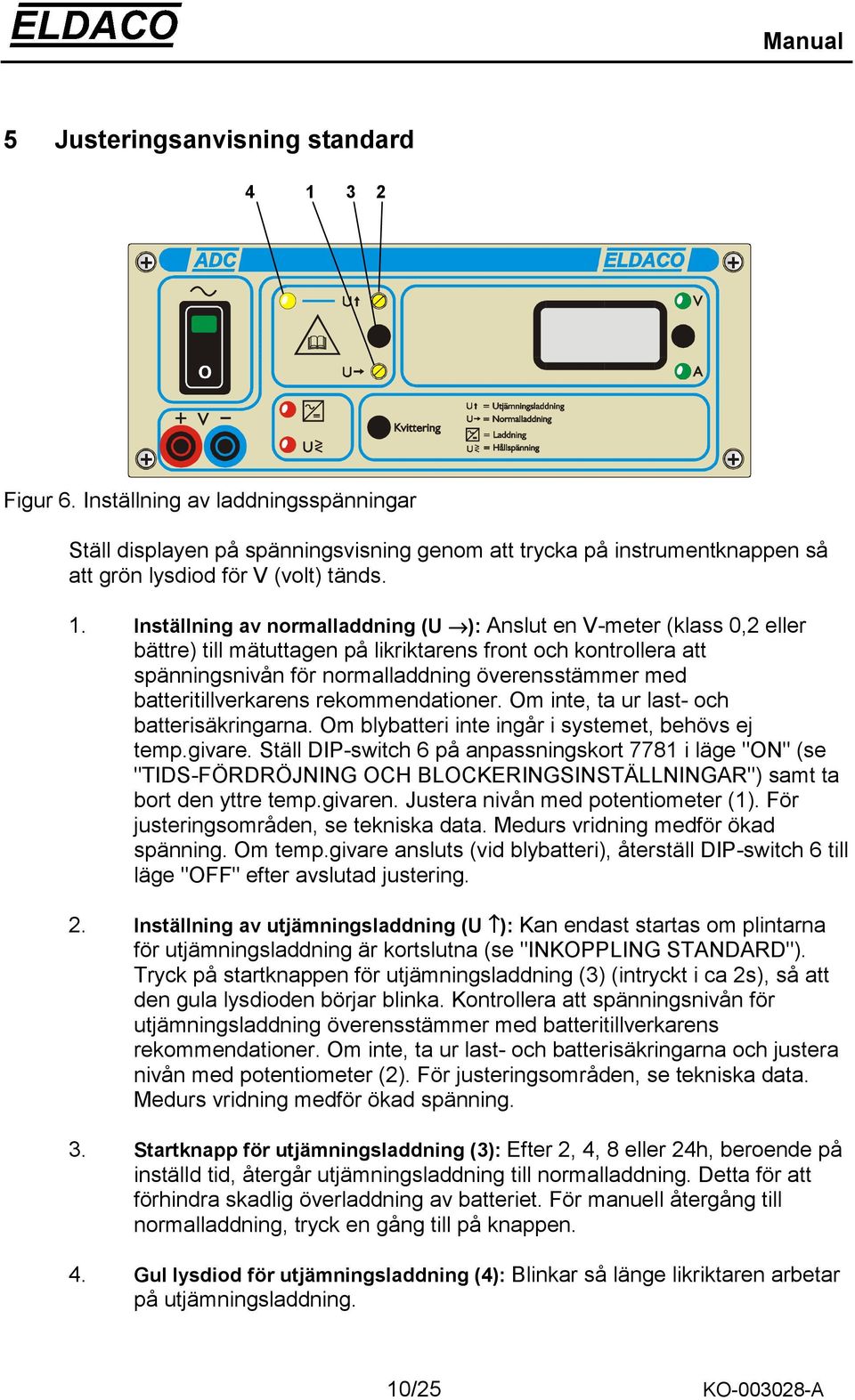 Inställning av normalladdning (U ): Anslut en V-meter (klass 0,2 eller bättre) till mätuttagen på likriktarens front och kontrollera att spänningsnivån för normalladdning överensstämmer med