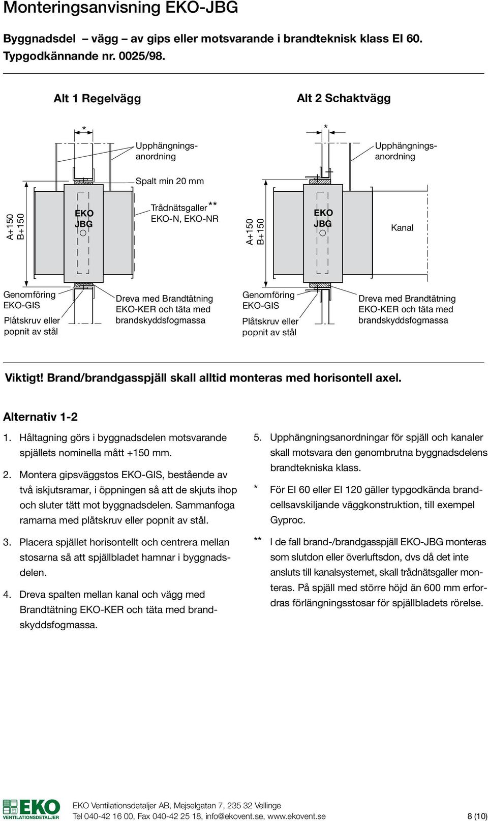 och täta med Genomföring -GIS Plåtskruv eller popnit av stål -KER och täta med Viktigt! Brand/brandgasspjäll skall alltid monteras med horisontell axel. Alternativ 1-