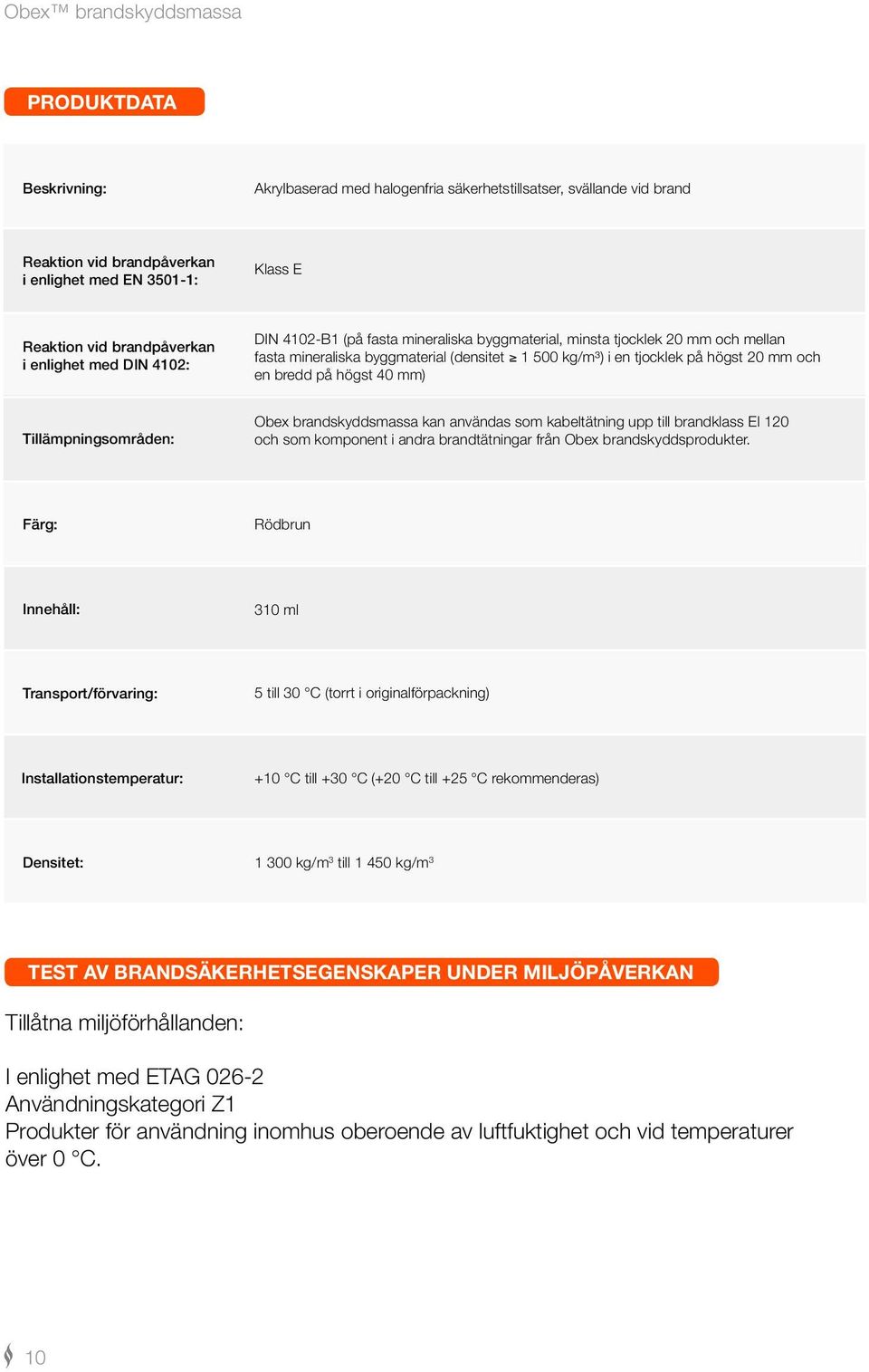 mm) Tillämpningsområden: Obex brandskyddsmassa kan användas som kabeltätning upp till brandklass EI 120 och som komponent i andra brandtätningar från Obex brandskyddsprodukter.