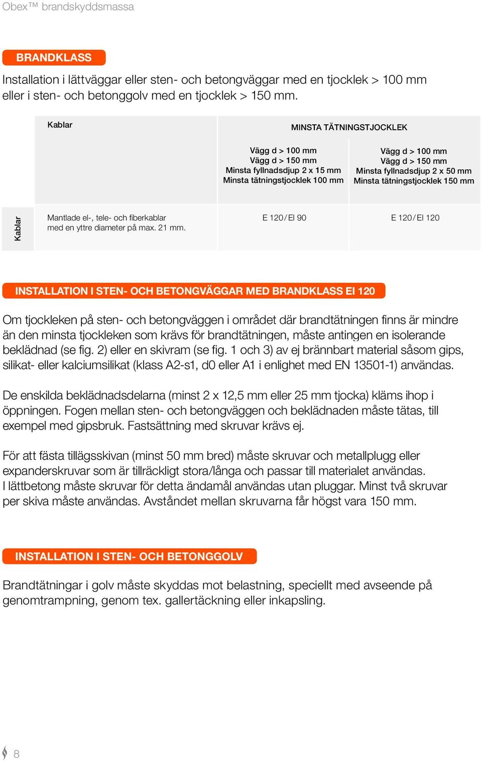 tätningstjocklek 150 mm Kablar Mantlade el-, tele- och fiberkablar med en yttre diameter på max. 21 mm.