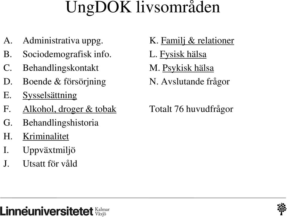 Alkohol, droger & tobak G. Behandlingshistoria H. Kriminalitet I. Uppväxtmiljö J.