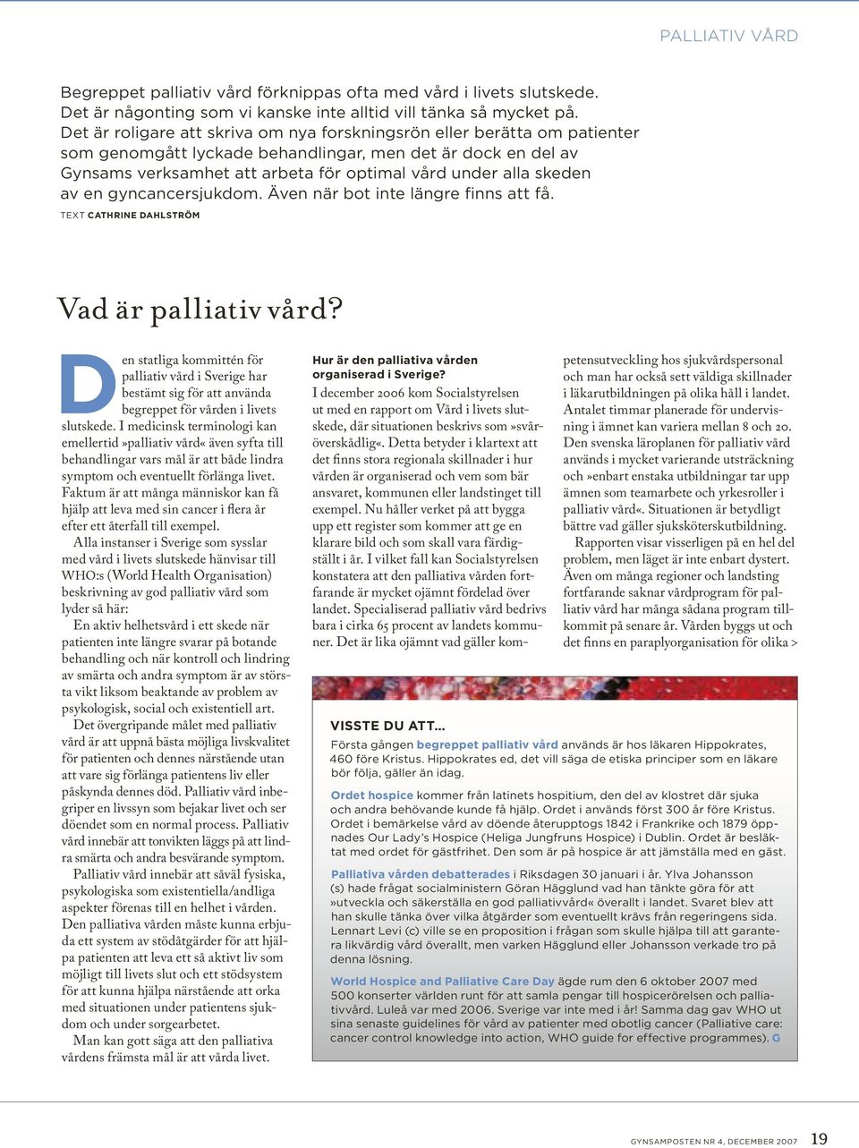skeden av en gyncancersjukdom. Även när bot inte längre finns att få. Text Cathrine Dahlström Vad är palliativ vård?