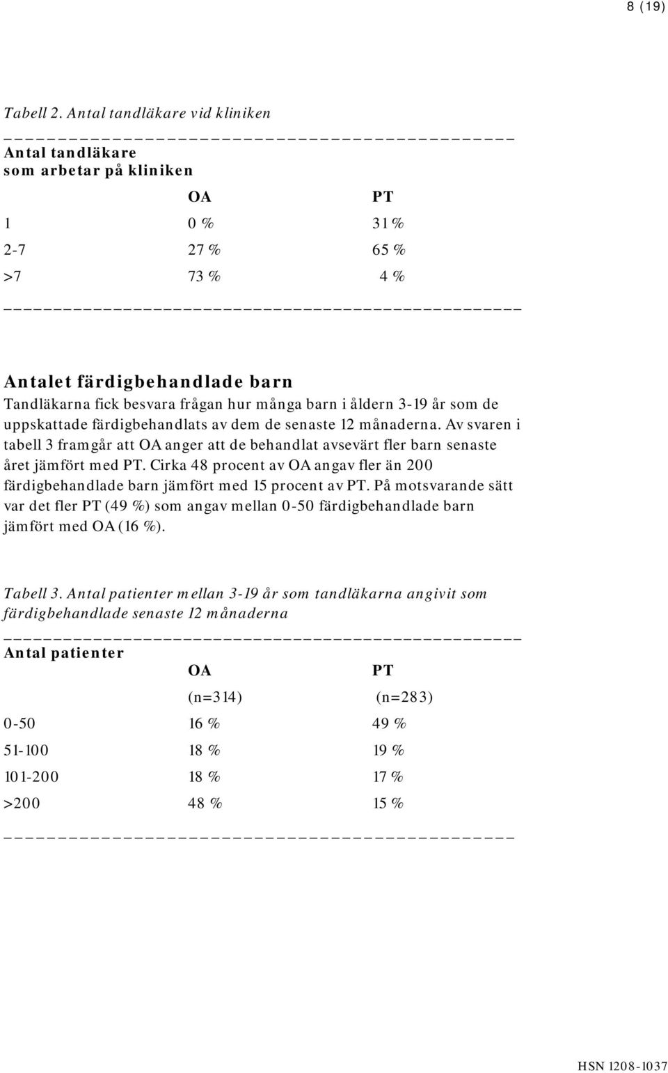3-19 år som de uppskattade färdigbehandlats av dem de senaste 12 månaderna. Av svaren i tabell 3 framgår att OA anger att de behandlat avsevärt fler barn senaste året jämfört med PT.