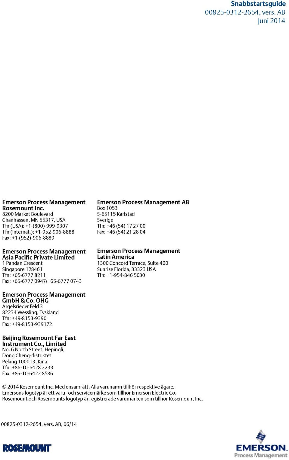 Process Management AB Box 1053 S-65115 Karlstad Sverige Tfn: +46 (54) 17 27 00 Fax: +46 (54) 21 28 04 Emerson Process Management Latin America 1300 Concord Terrace, Suite 400 Sunrise Florida, 33323